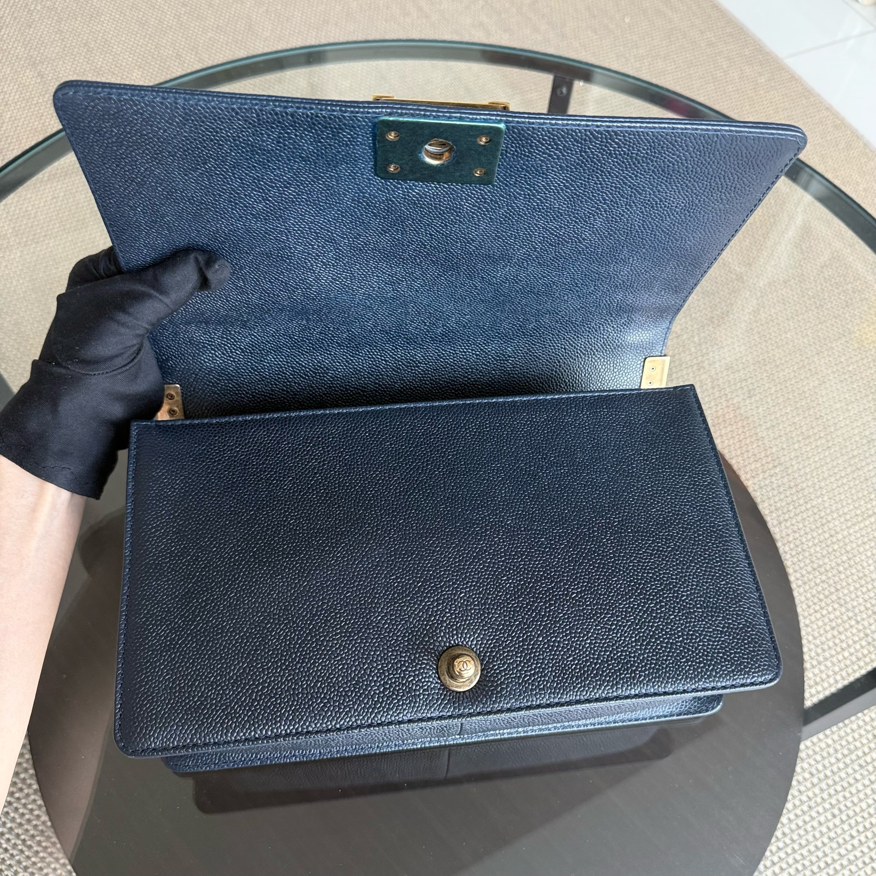 Chanel Boy New Medium - 28CM Caviar Quilted Grained Calfskin Dark Navy Blue Ruthenium Gold Hardware Series 19