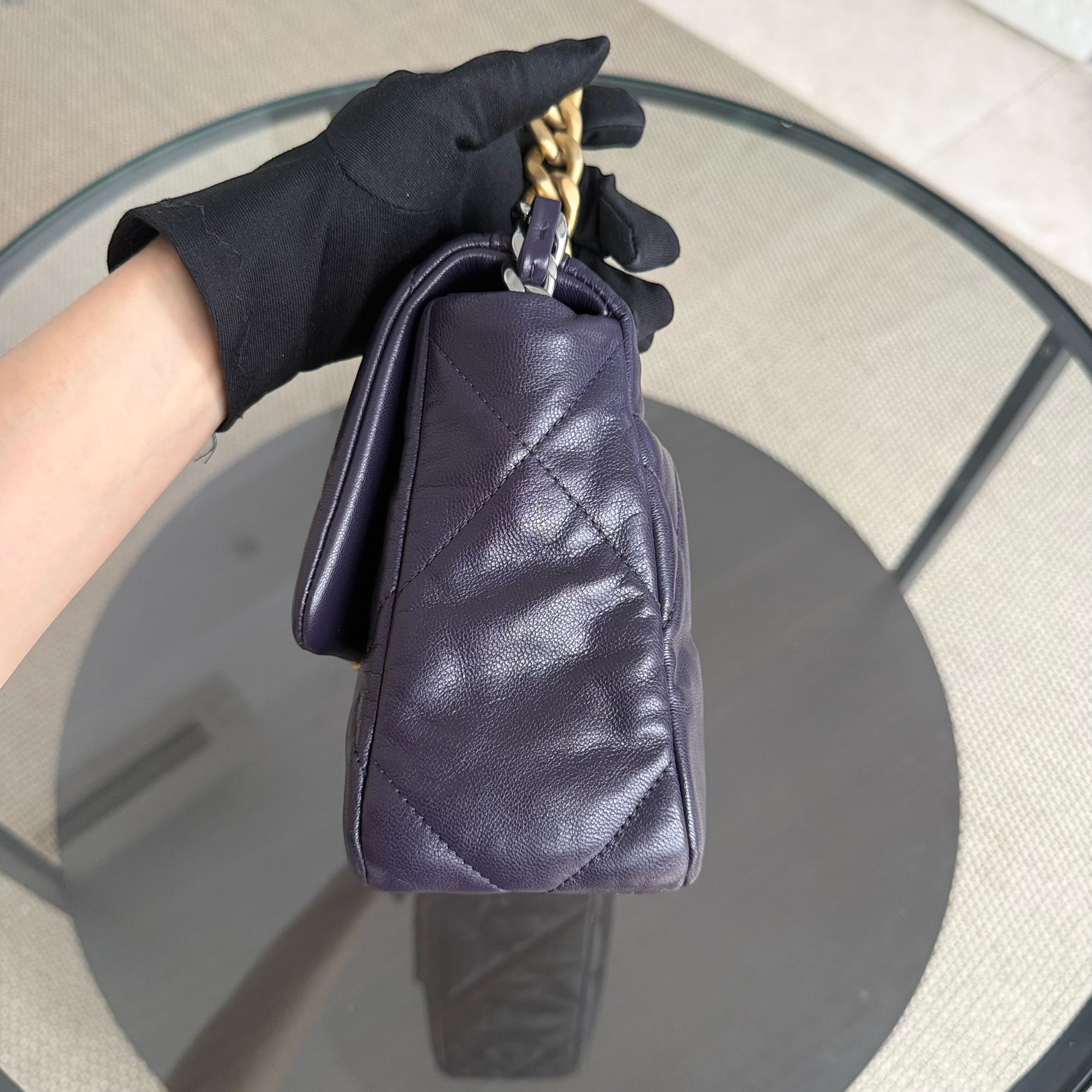 Chanel 19Bag C19 Small - Quilted Goatskin Dark Purple Gold Two-tone Hardware Series 30