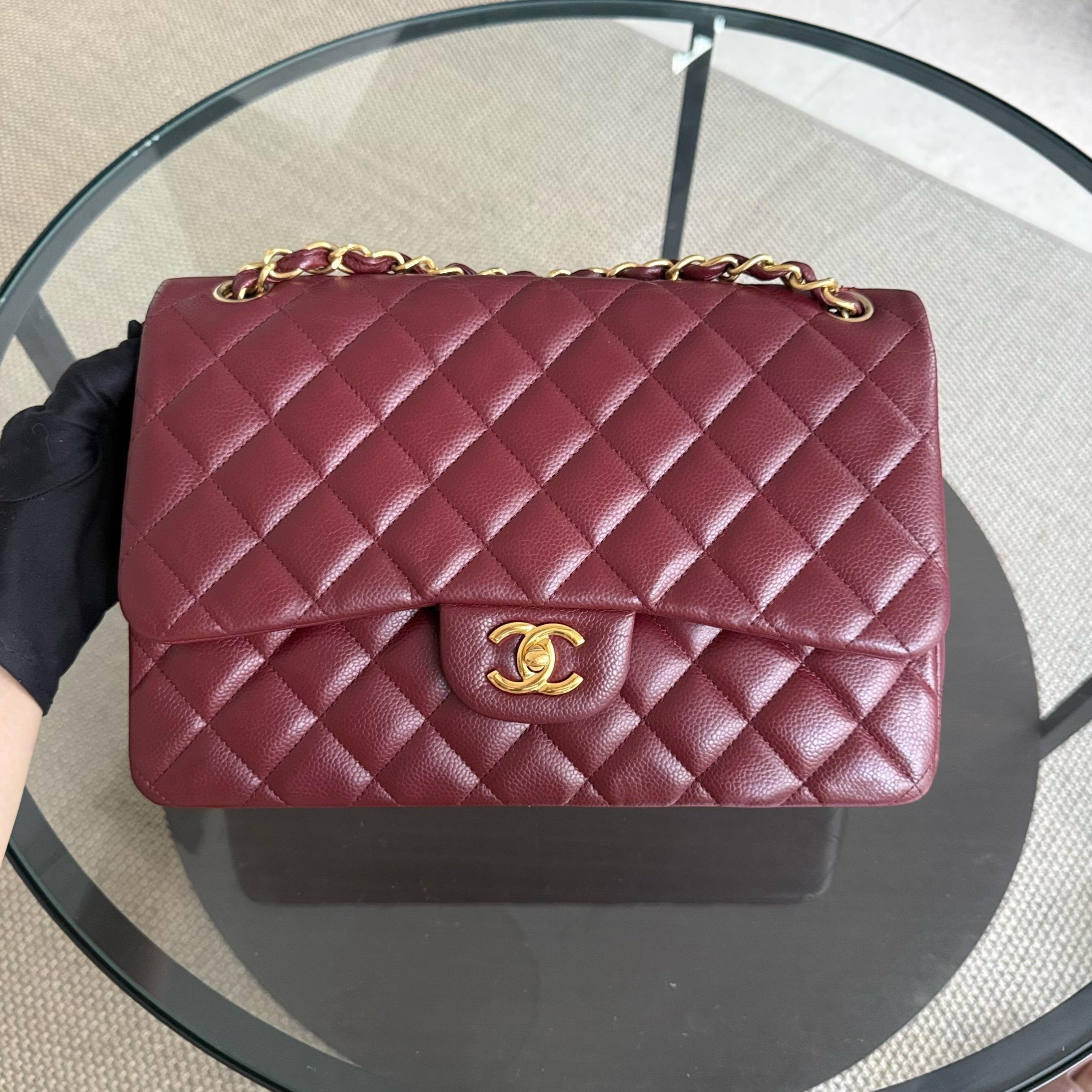 Chanel Classic Flap Jumbo - Caviar 30CM Double Flap Quilted Burgundy Gold Hardware series 21