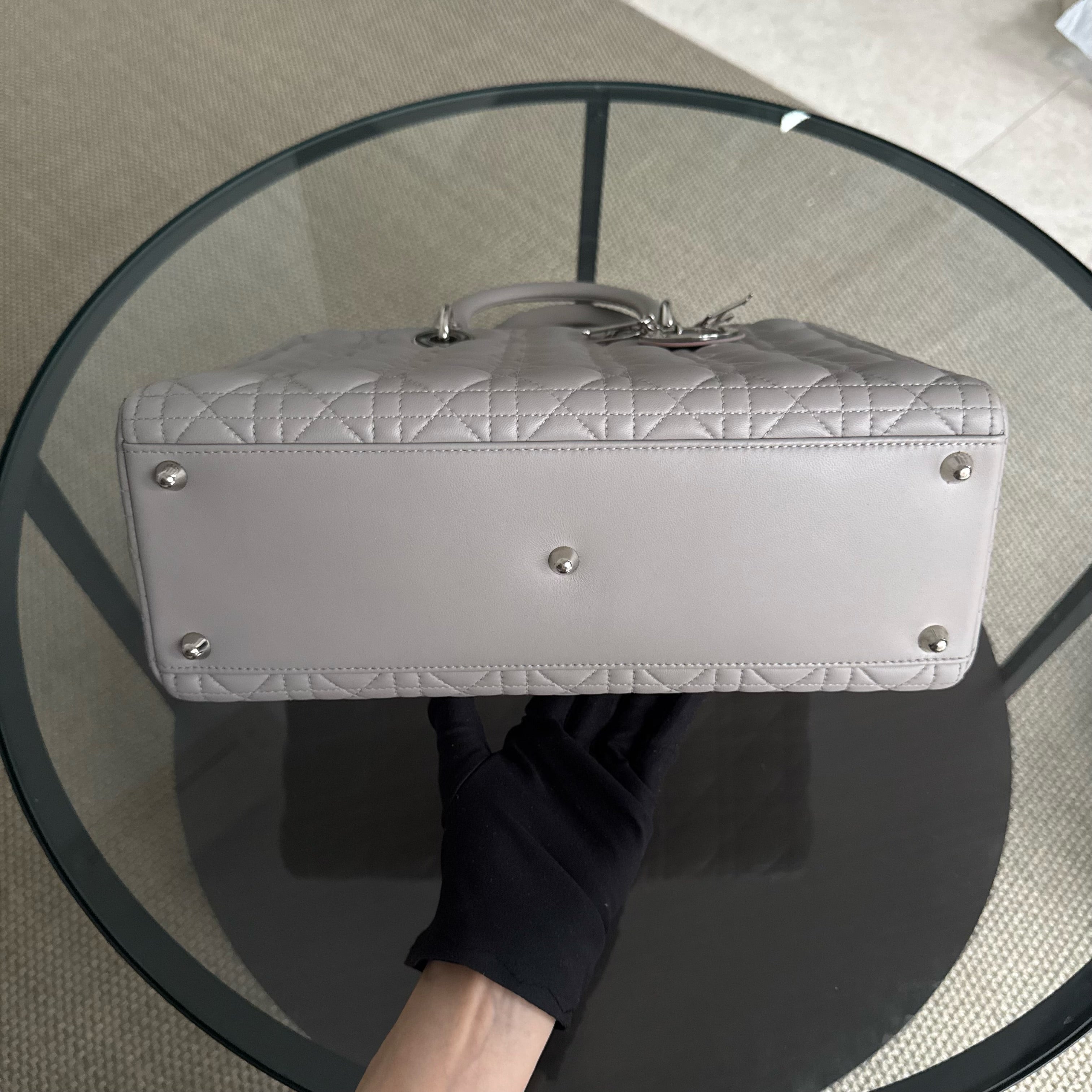Dior Lady Large - Cannage Lambskin Light Gray Grey Silver Hardware