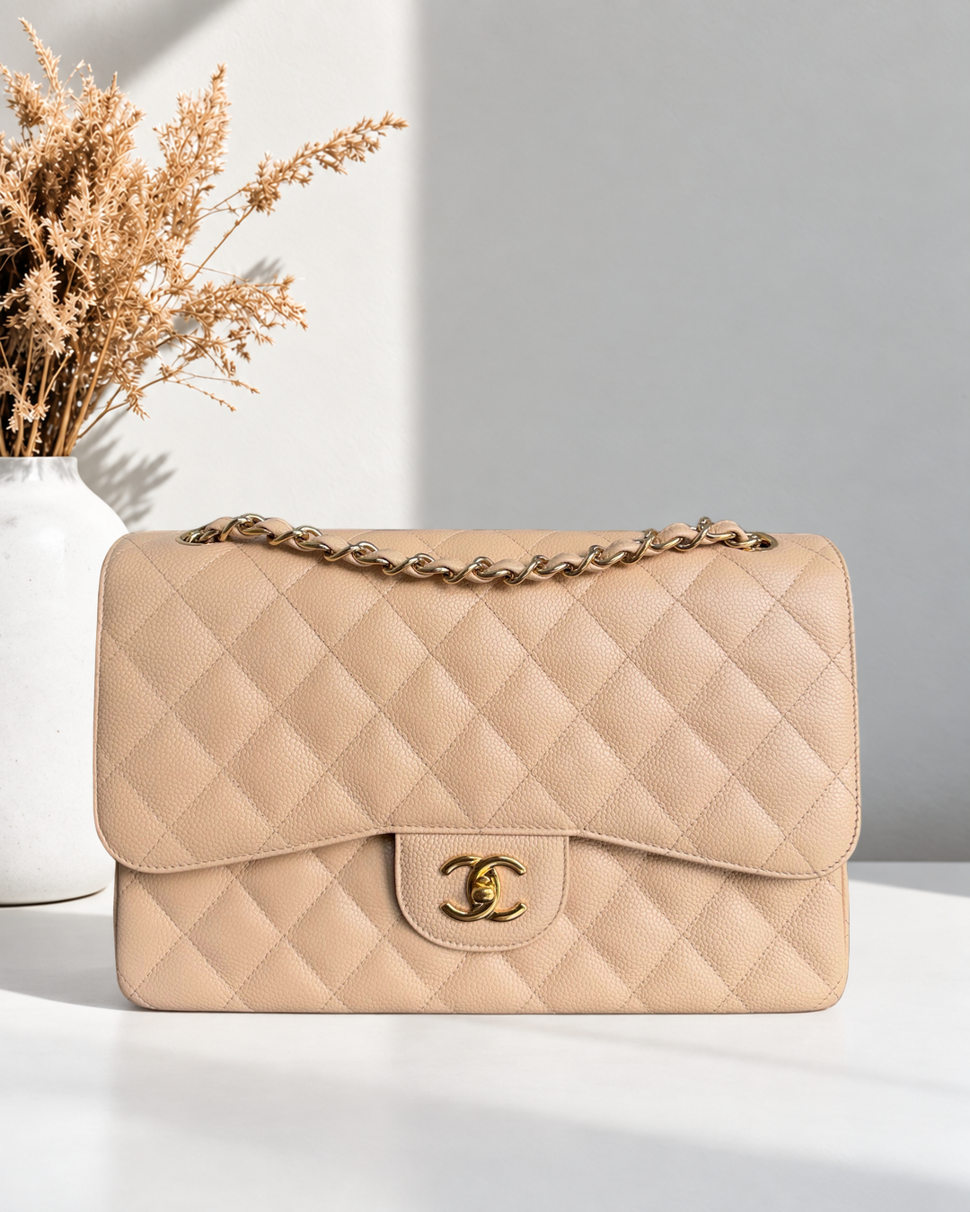 Chanel Classic Flap Jumbo - Caviar Quilted Double Flap Light Beige Gold Hardware Series 14