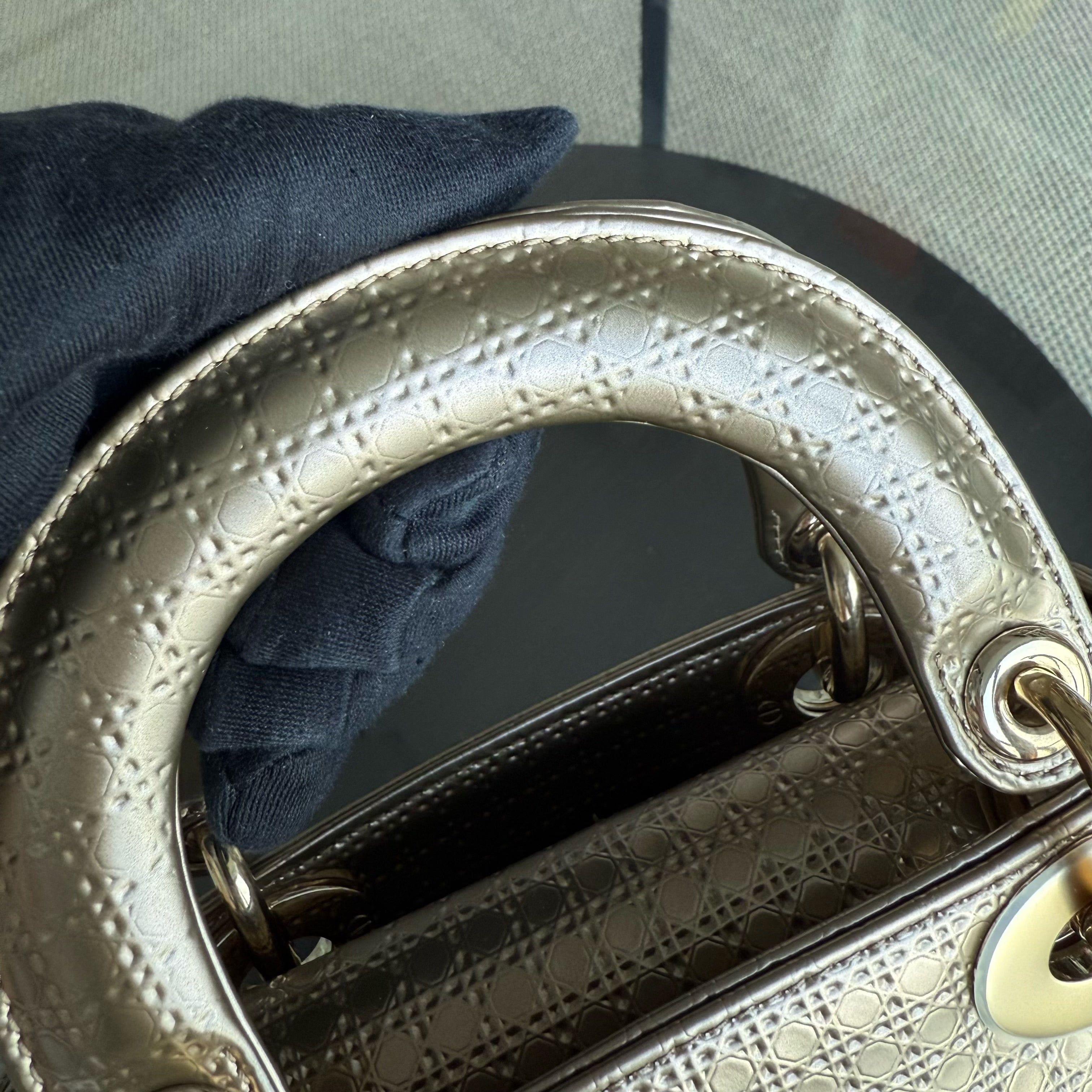 Dior Lady Mini - Calfskin Micro-Cannage Metallic Gold Gold Hardware Chain Strap