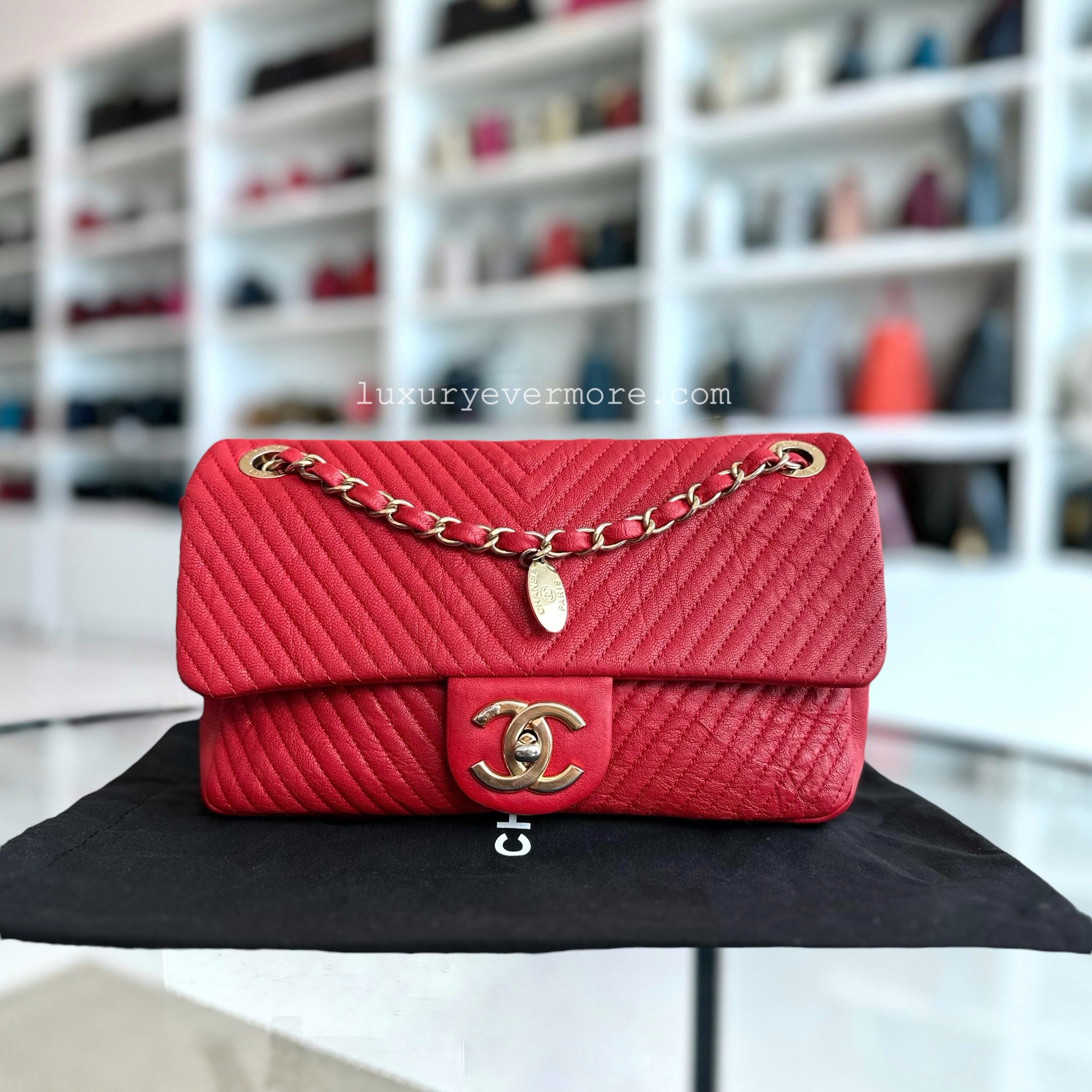 Chanel Chevron Herringbone Medallion Seasonal Flap Red Calfskin AGHW No 21