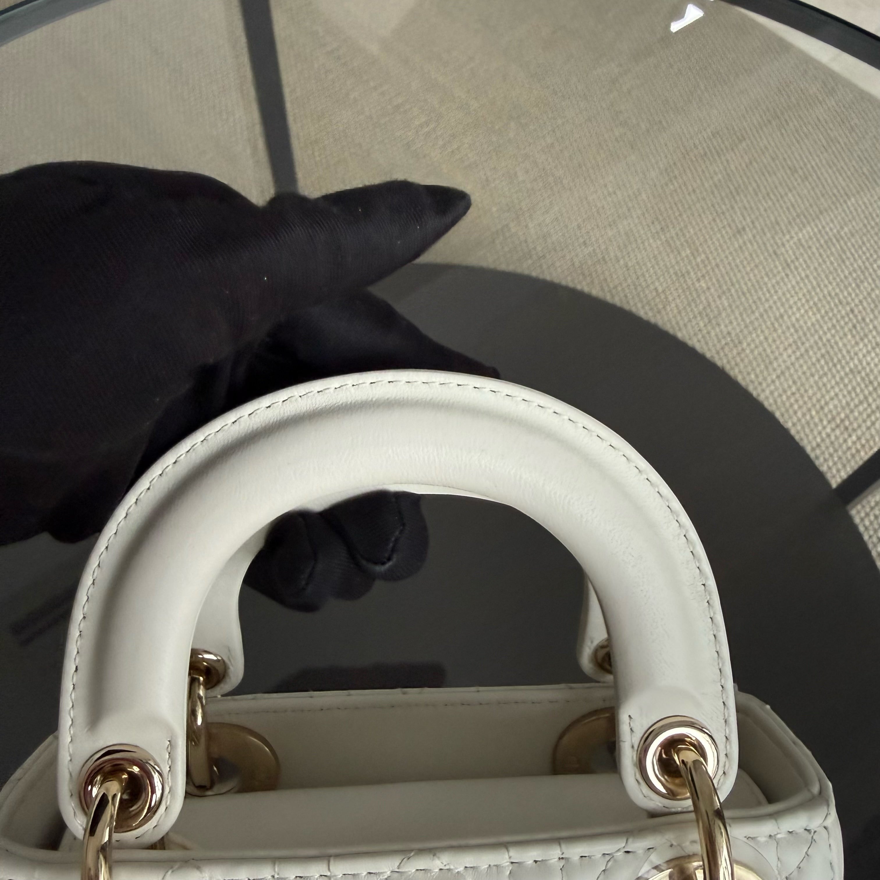 Dior Lady Mini - Year 2024 Cannage Lambskin White Gold Hardware Chain Strap
