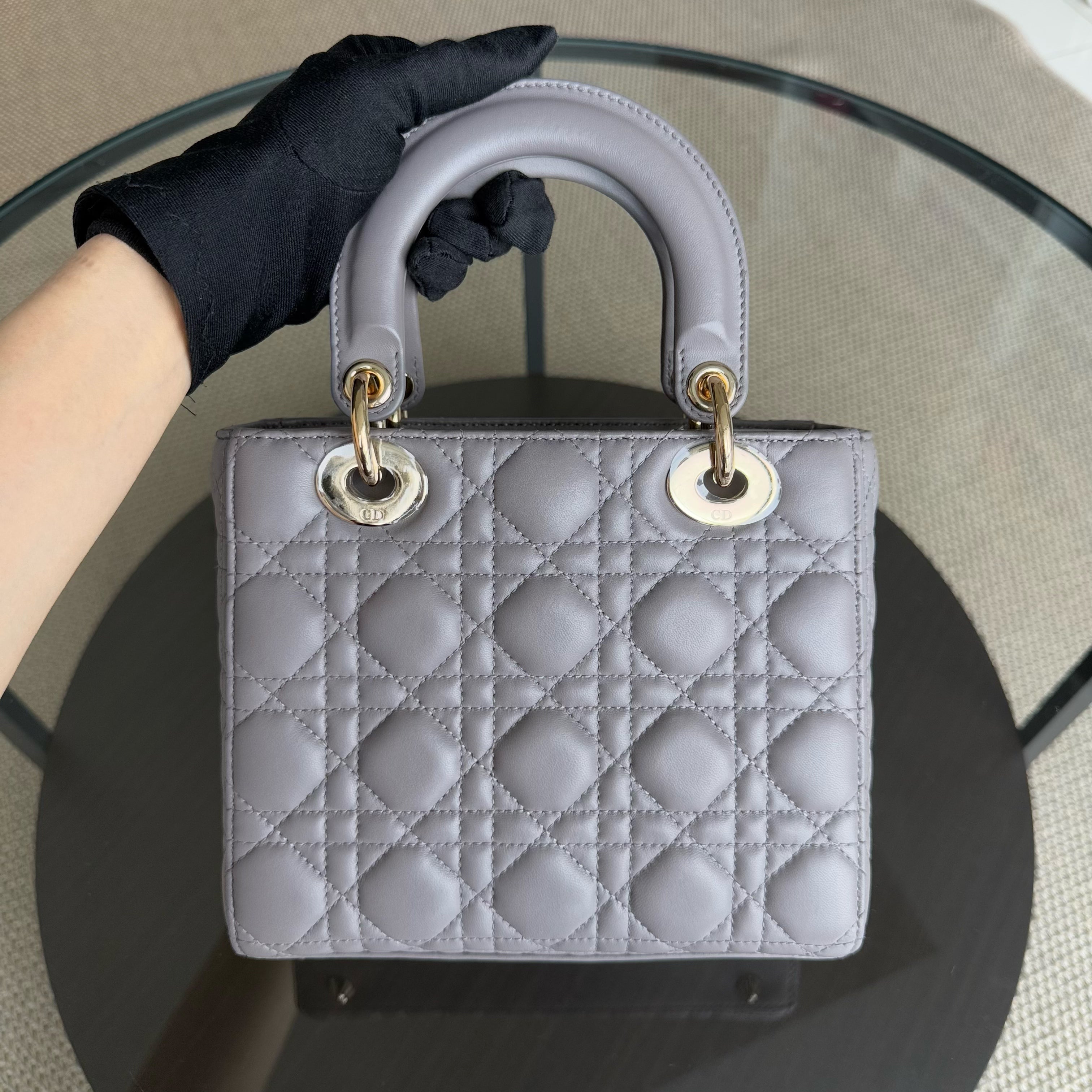 Dior Lady Small - Cannage Lambskin Grey Gray Gold Hardware with Charms