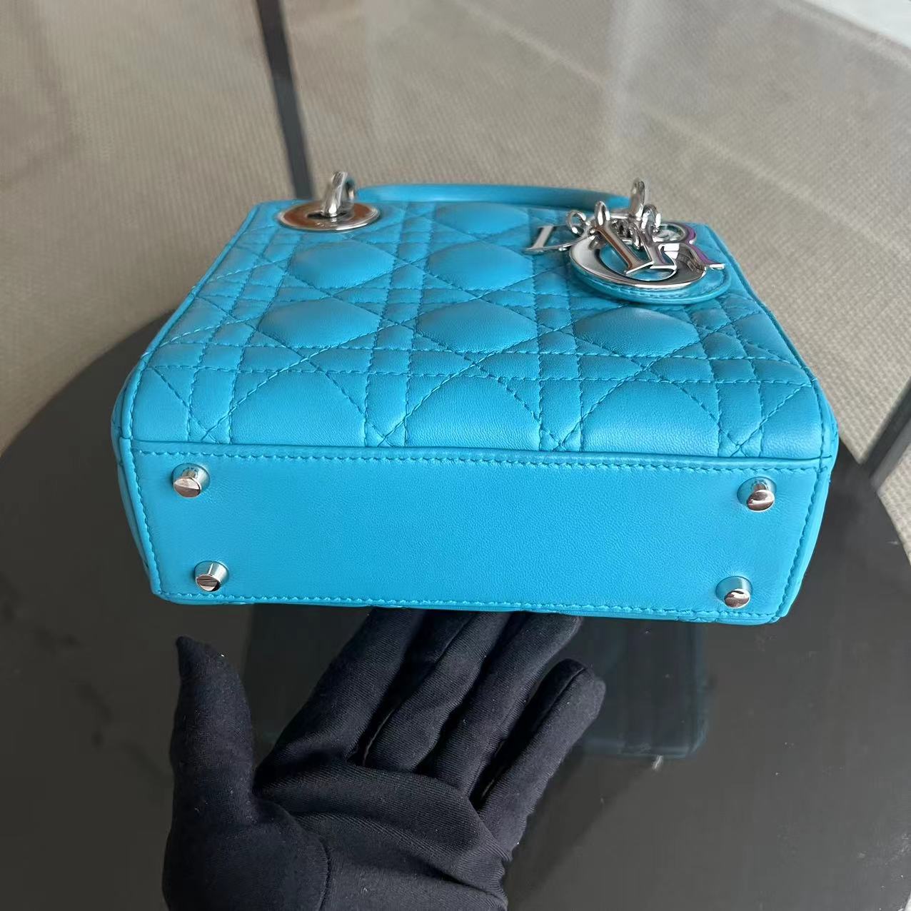 Dior Lady Mini Cannage Lambskin Cyan Blue Silver Hardware