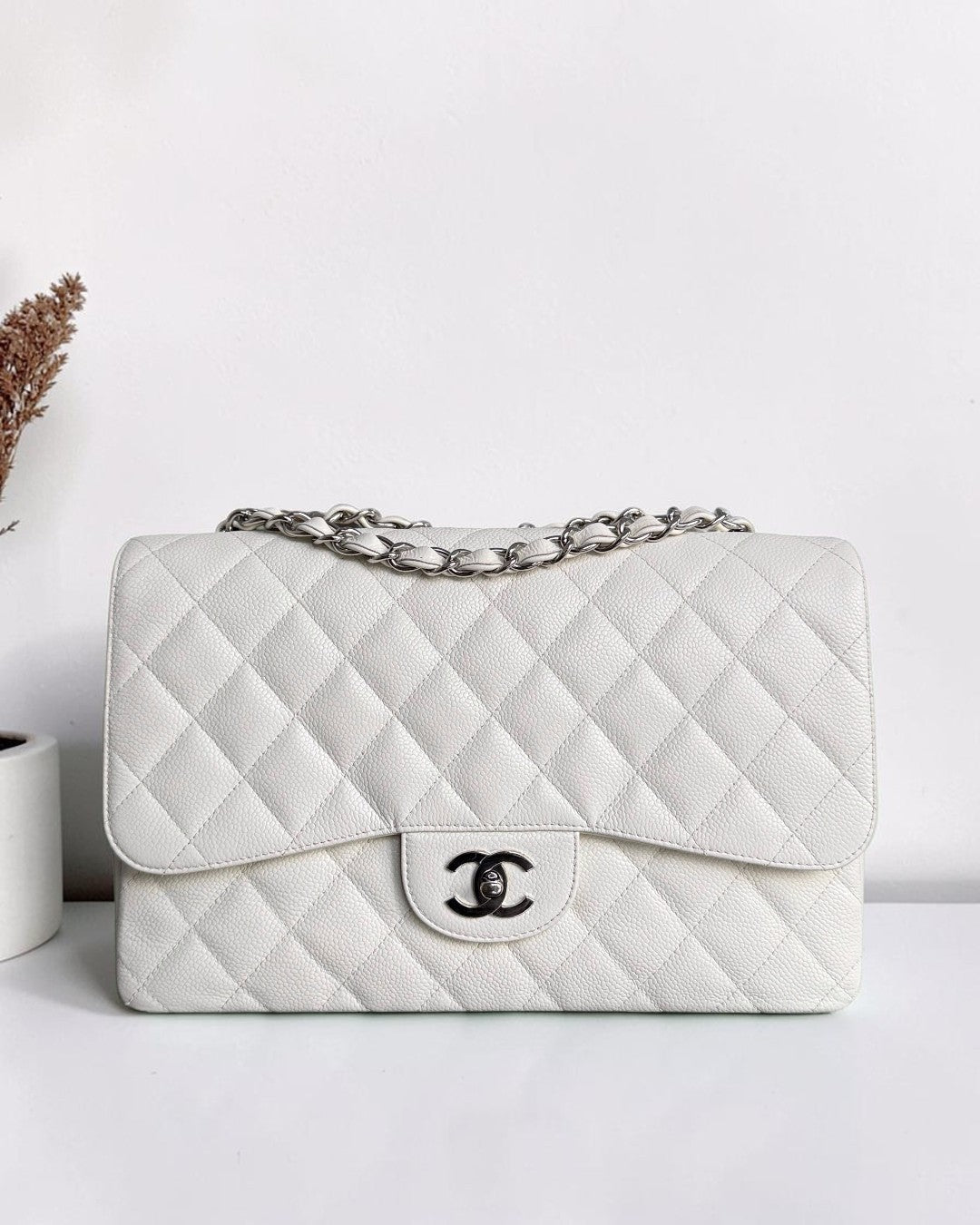 Chanel Classic Flap Jumbo - Caviar 30CM Single Flap Quilted White Silver Hardware Series 10