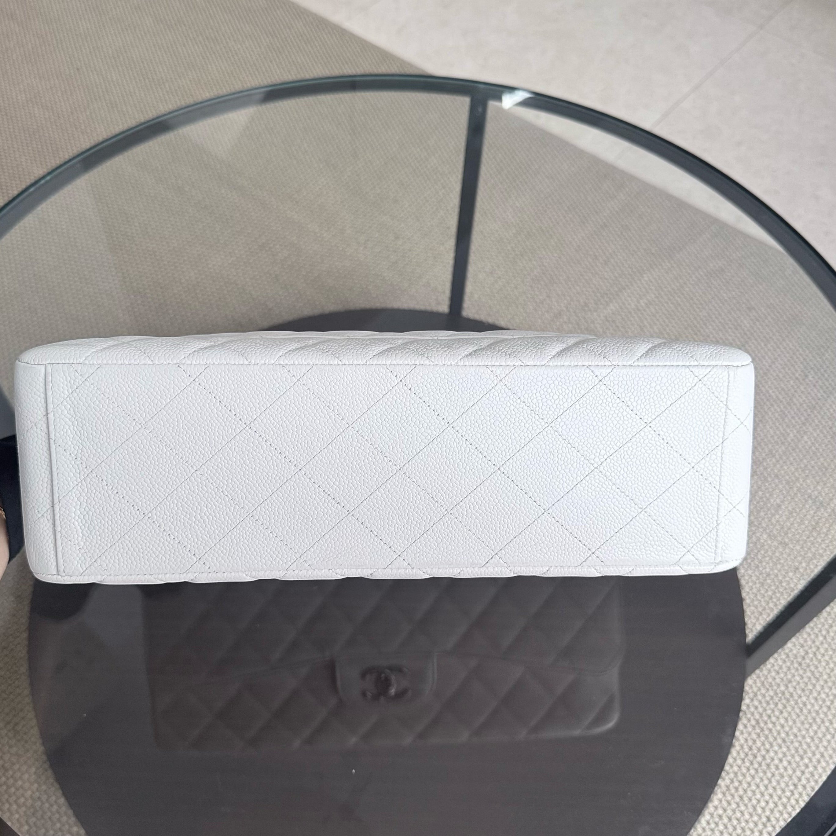 Chanel Classic Flap Maxi - Caviar 33CM Single Flap Quilted White Silver Harware Series 13