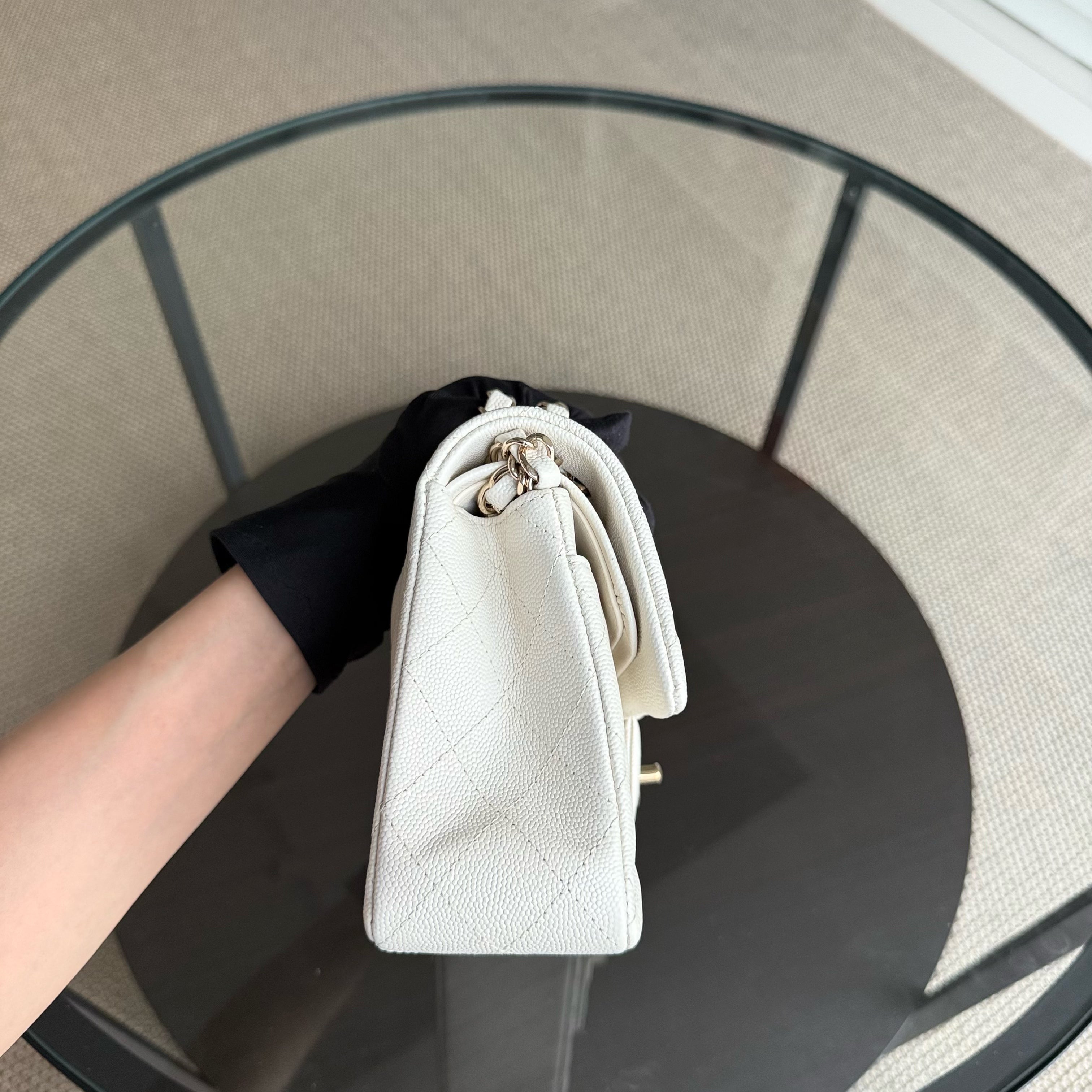 Chanel Classic Flap Small - Caviar 23CM Quilted Grained Calfskin White Light Gold Hardware Microchipped