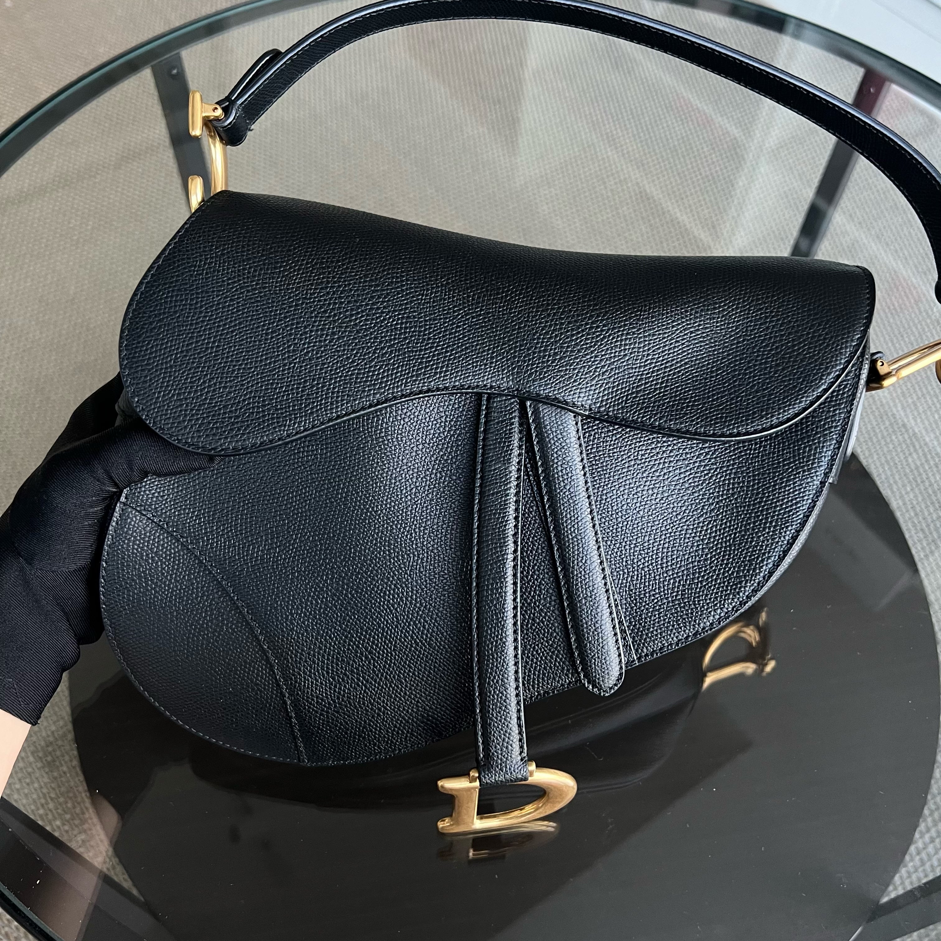 *New Version with Strap* Dior Saddle Medium Grained Calfskin Black Golden Hardware