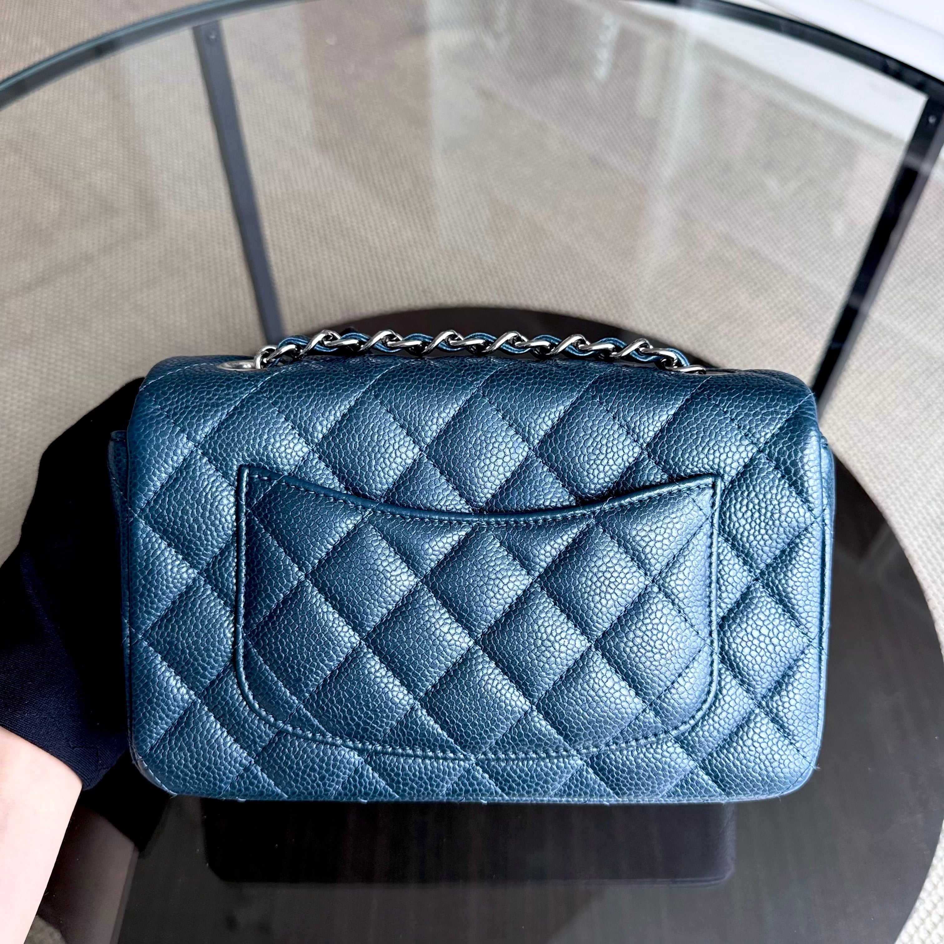 Chanel Classic Flap Mini - Caviar 20CM Rectangle Quilted Dark Green Blue Silver Hardware Series 20