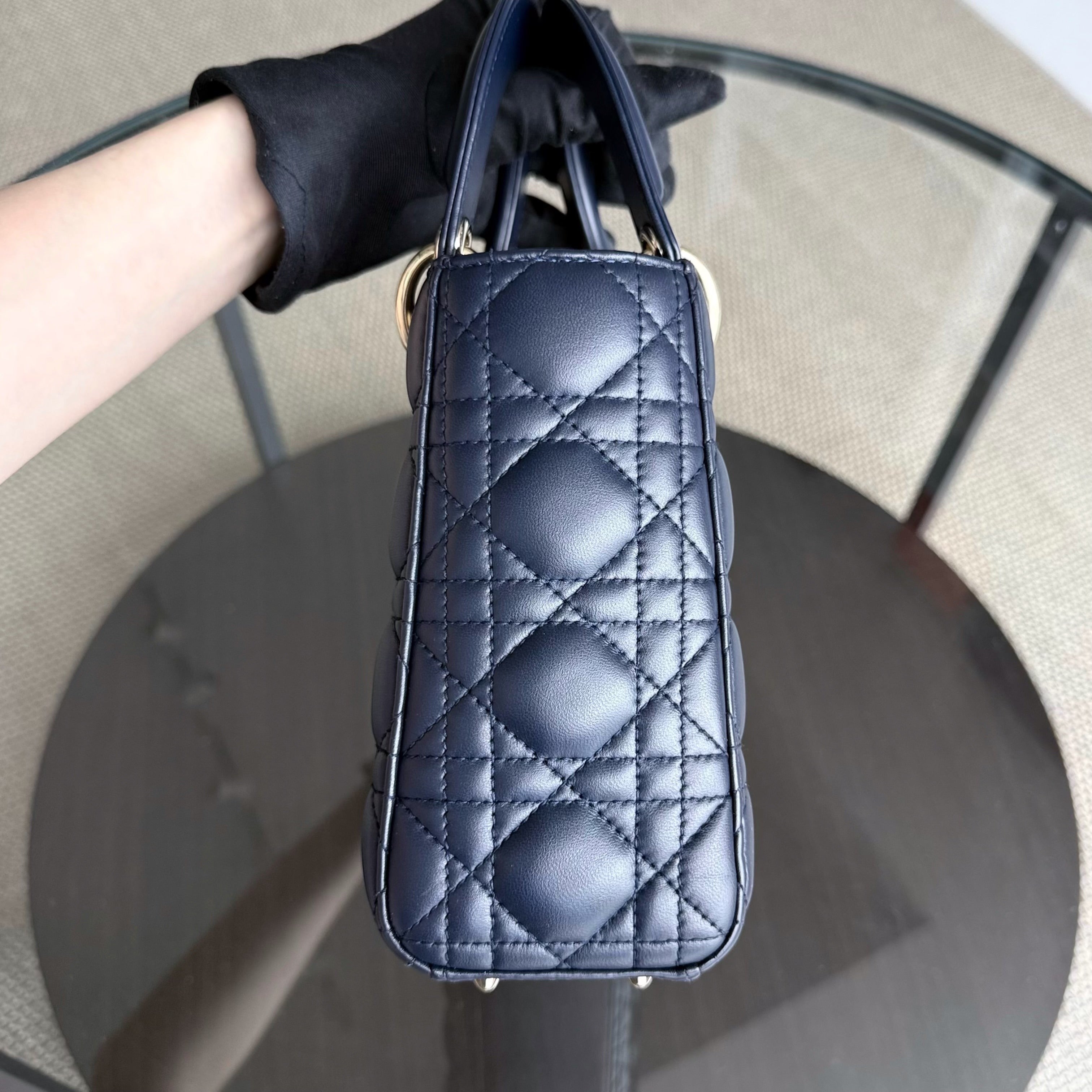Dior Lady Small Flap - Cannage Lambskin Dark Navy Blue Gold Hardware with Charms