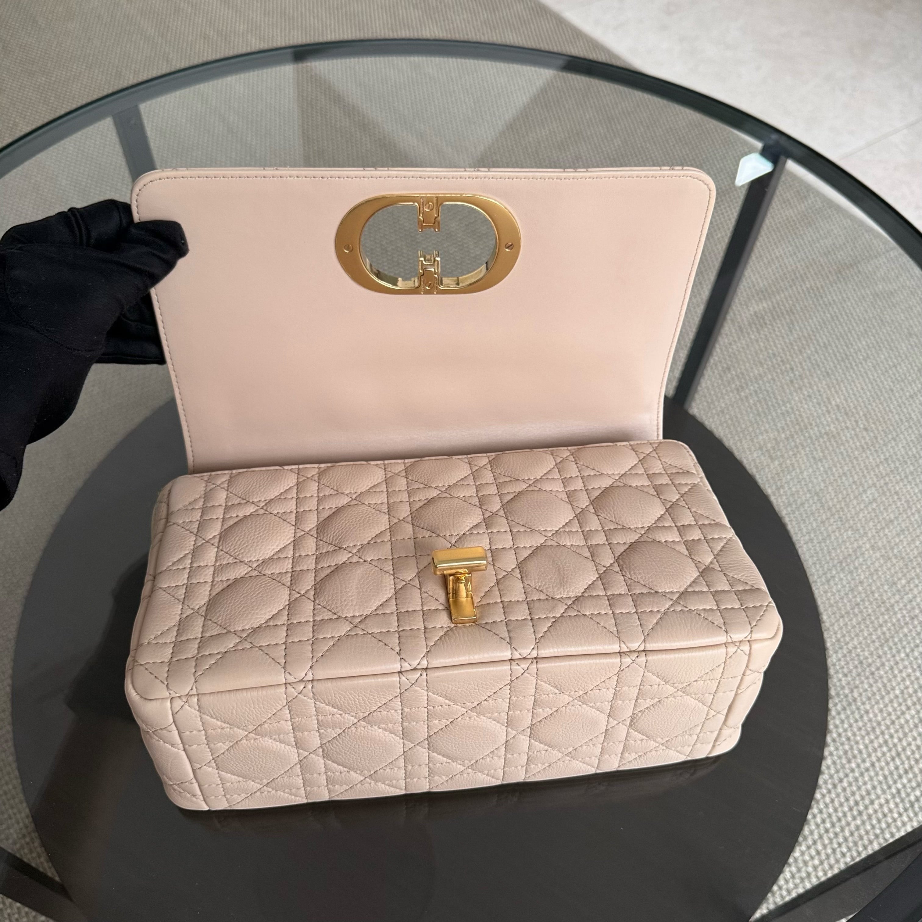 Dior Caro Medium - Cannage Grained Calfskin Beige Gold Hardware