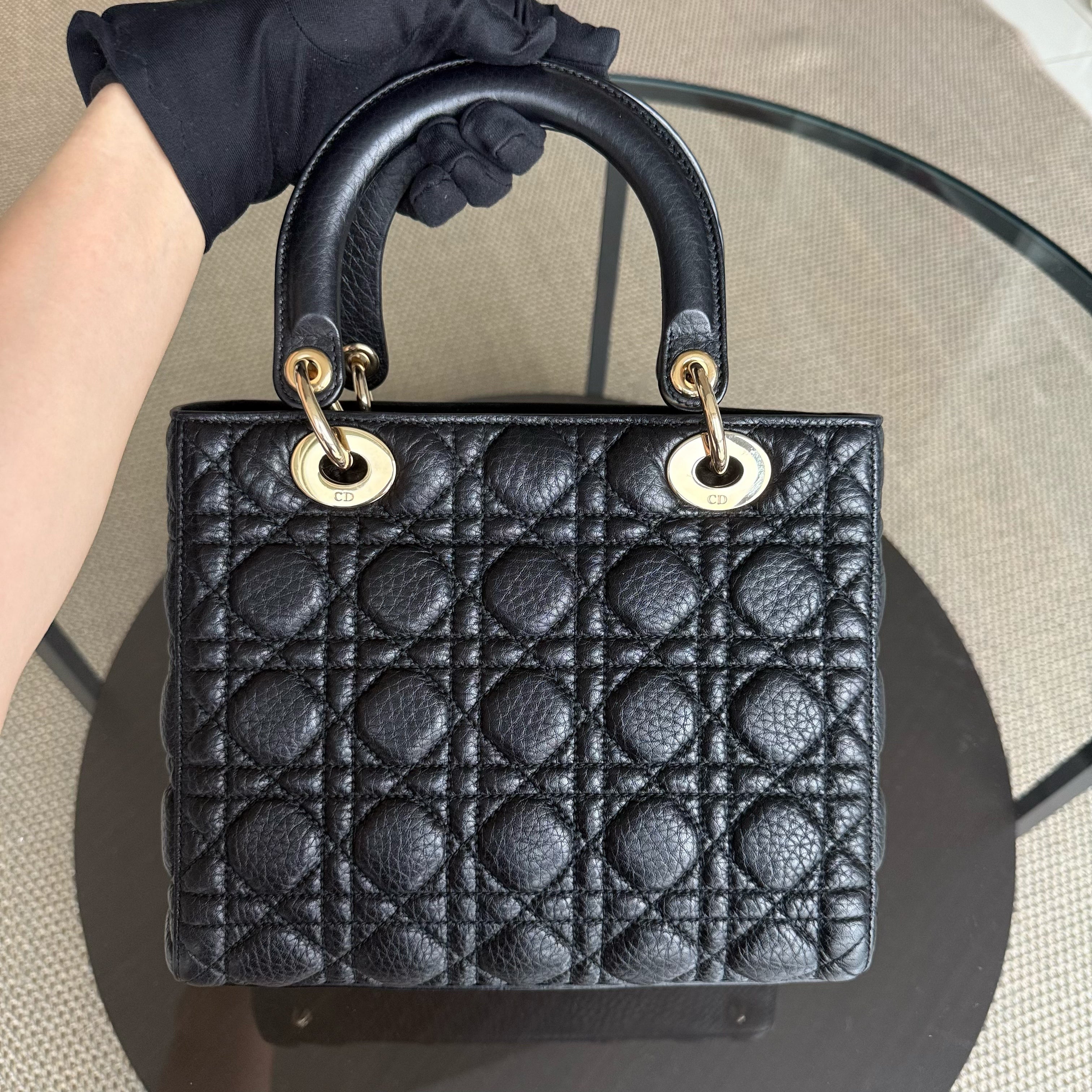 *No Strap* Dior Lady Flap Medium - Grained Calfskin Cannage Flap Open Black Gold Hardware