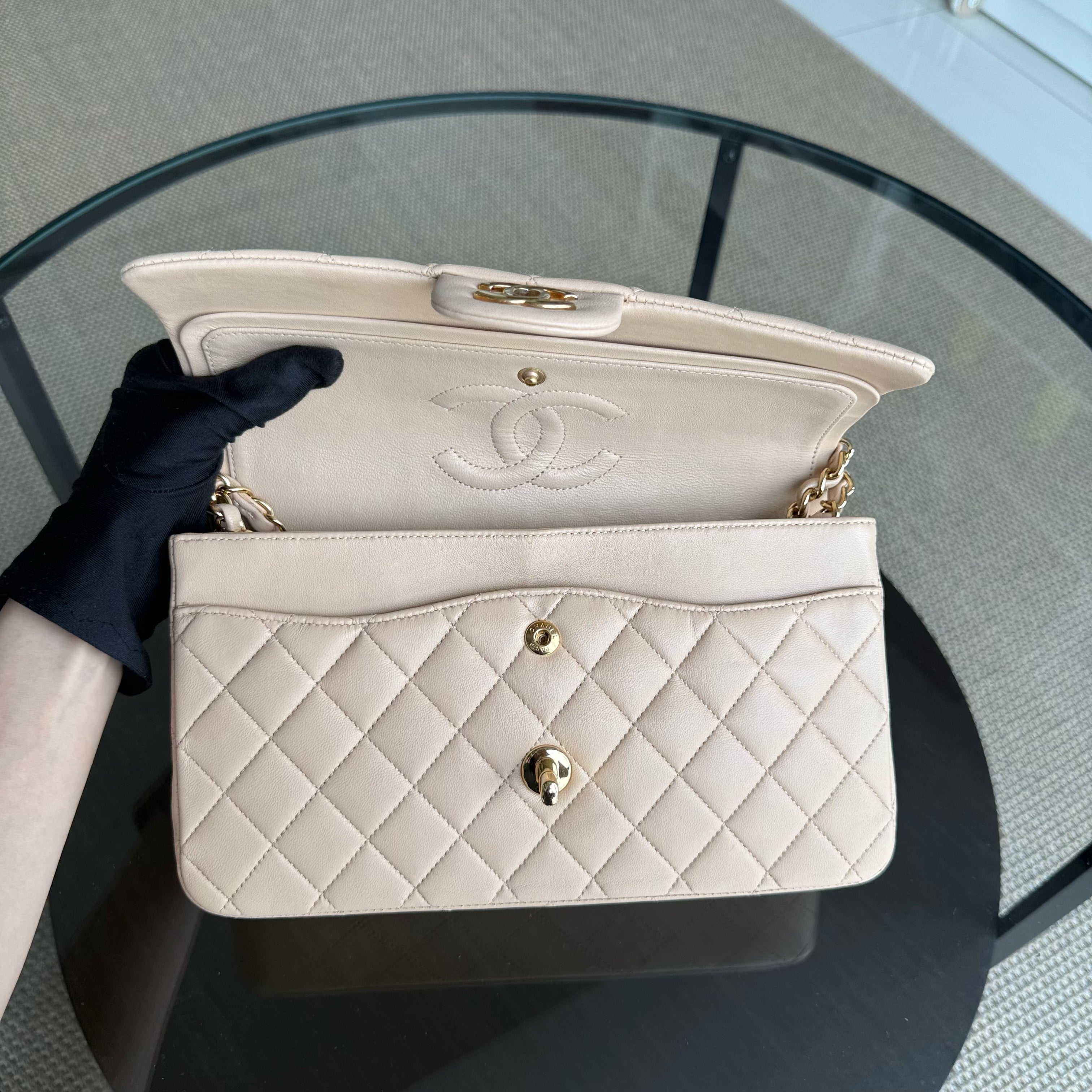 Chanel Classic Flap Medium - 25CM Quilted Lambskin Beige Gold Hardware Series 16