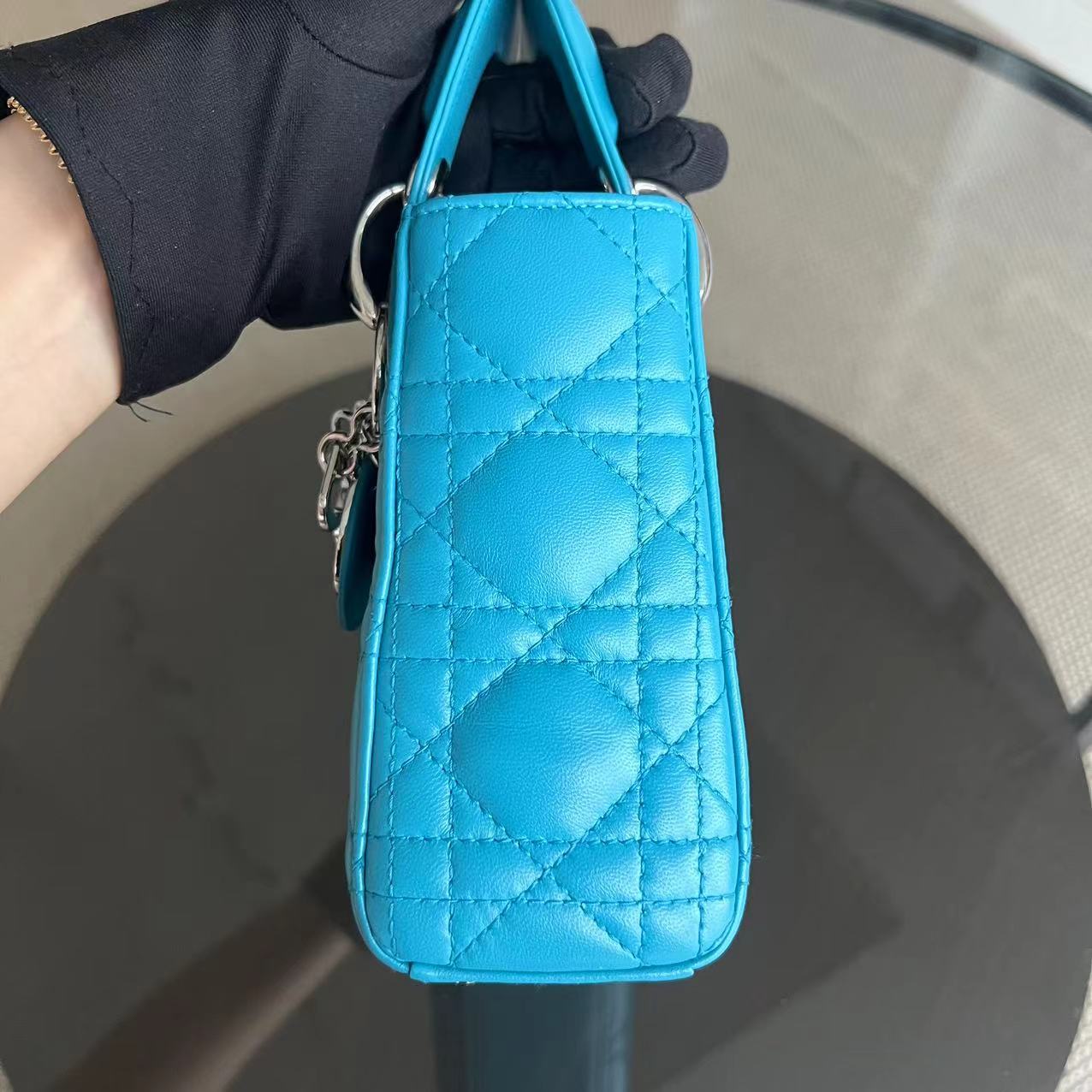 Dior Lady Mini Cannage Lambskin Cyan Blue Silver Hardware