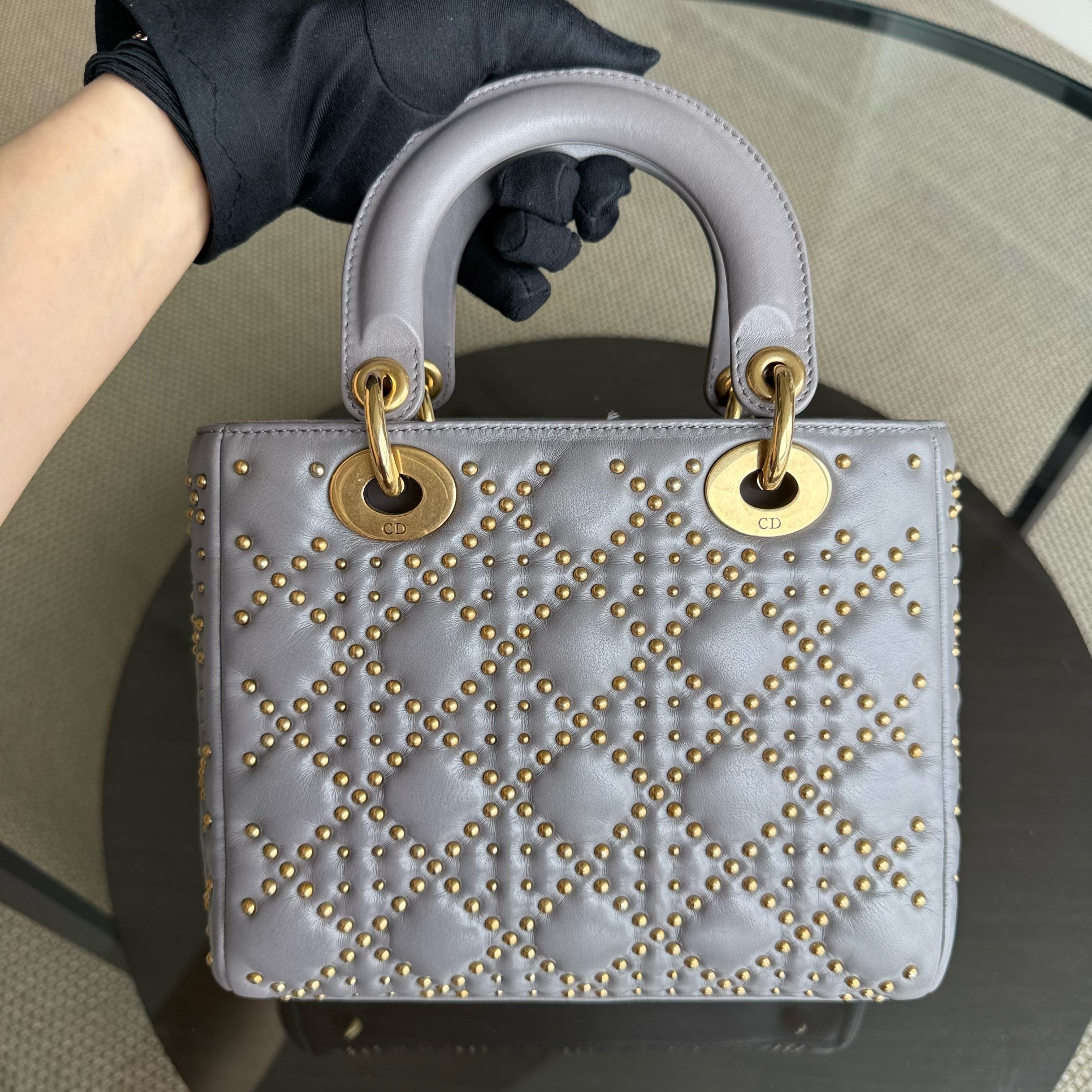 Dior Lady Small - Studded Lambskin Cannage Grey Gray Gold Hardware