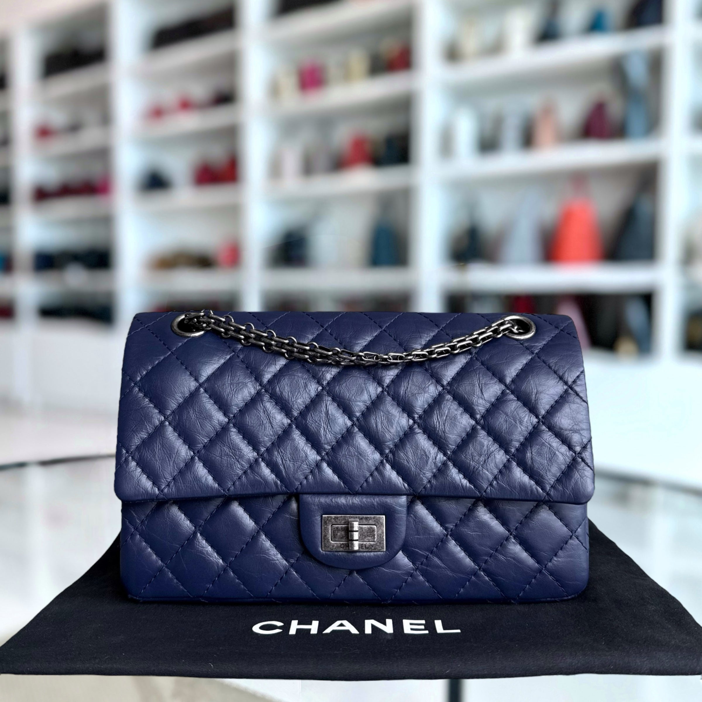 Chanel 2.55 Reissue 225 Small - 24CM Quilted Aged Calfskin Dark Blue Ruthenium Silver Hardware Series 21