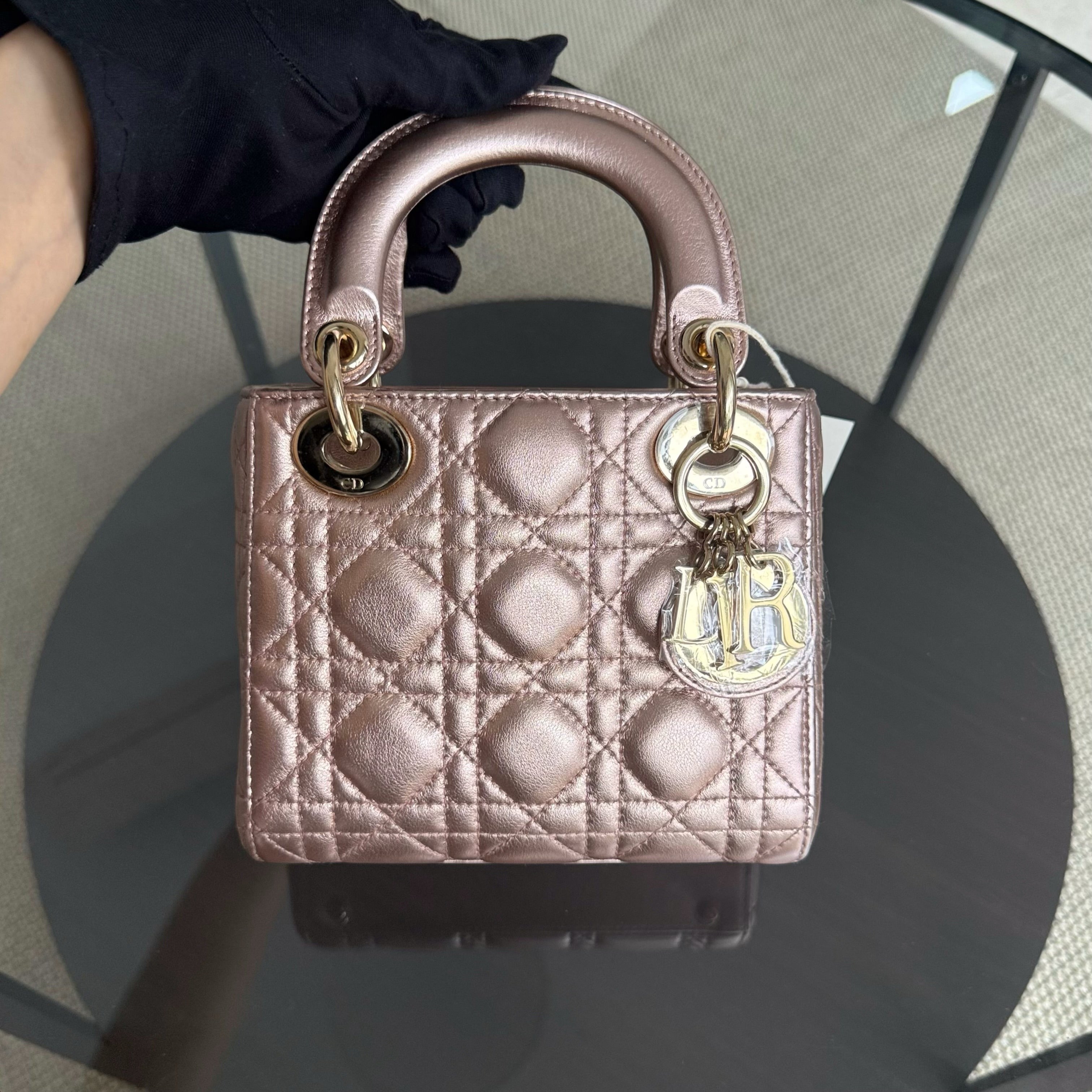 Dior Lady Mini - Cannage Rose Calfskin Gold Hardware Chain Strap