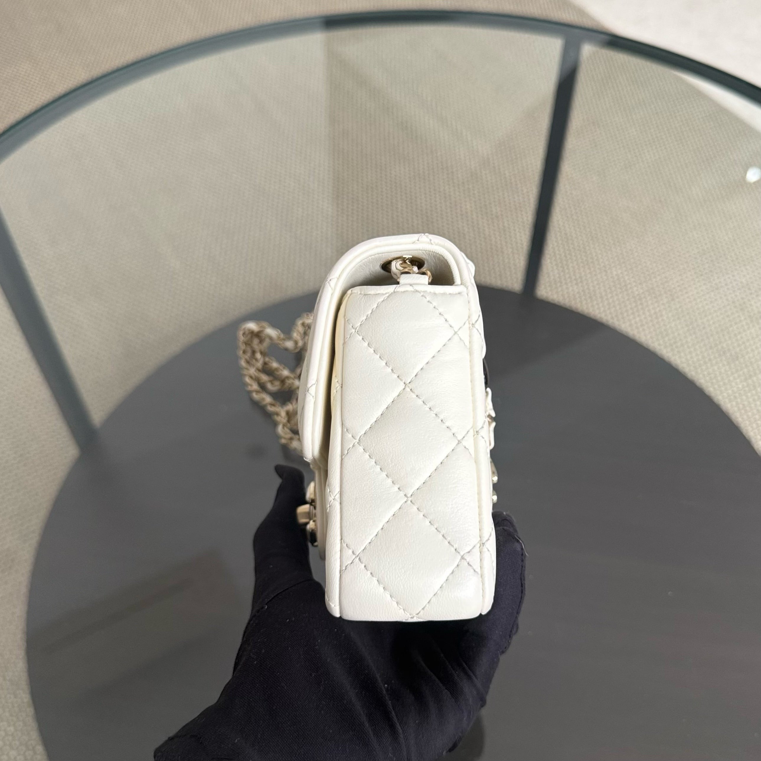 Chanel Classic Flap Mini Square - Lambskin Quilted White Gold Hardware Microchip