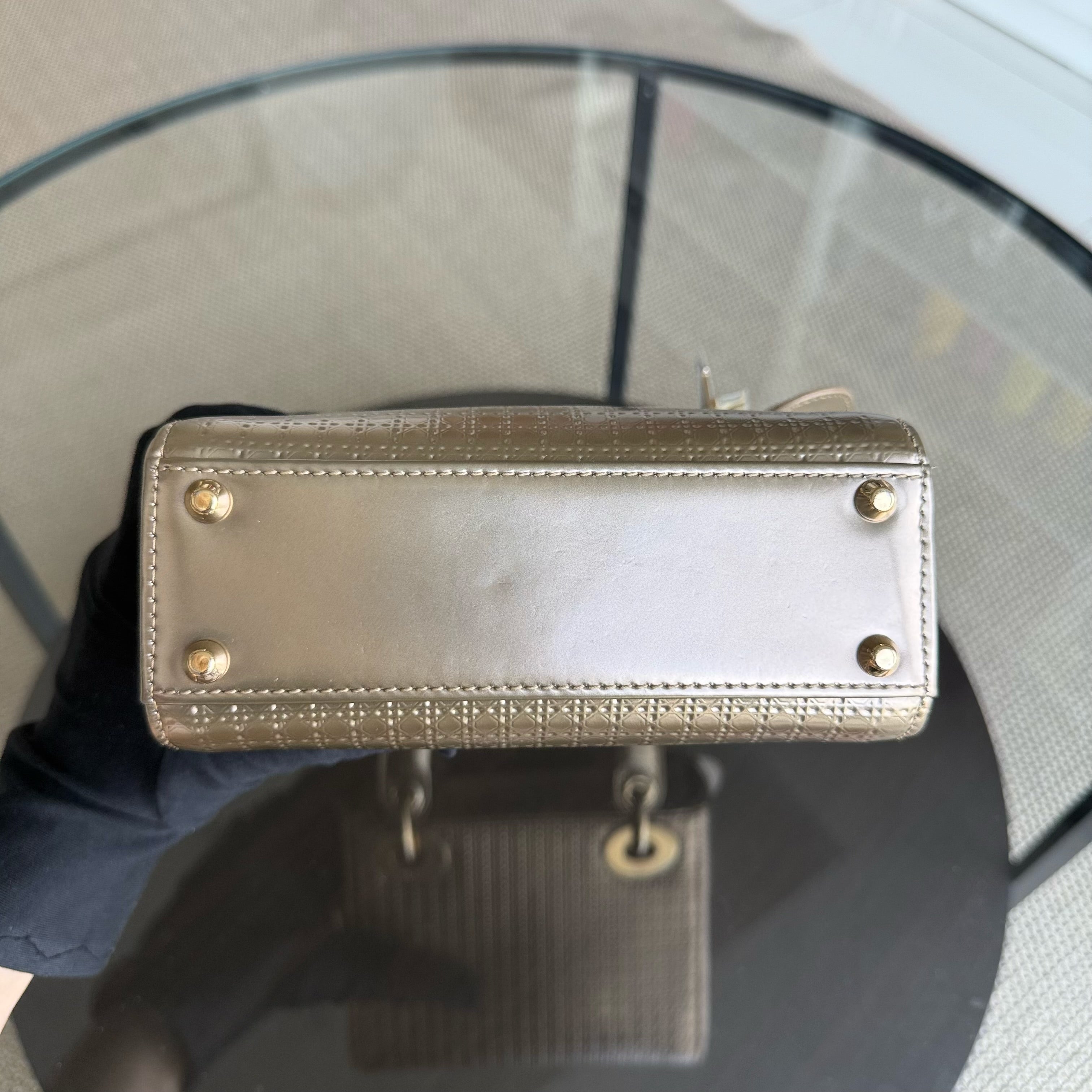 Dior Lady Mini - Calfskin Micro-Cannage Metallic Gold Gold Hardware Chain Strap