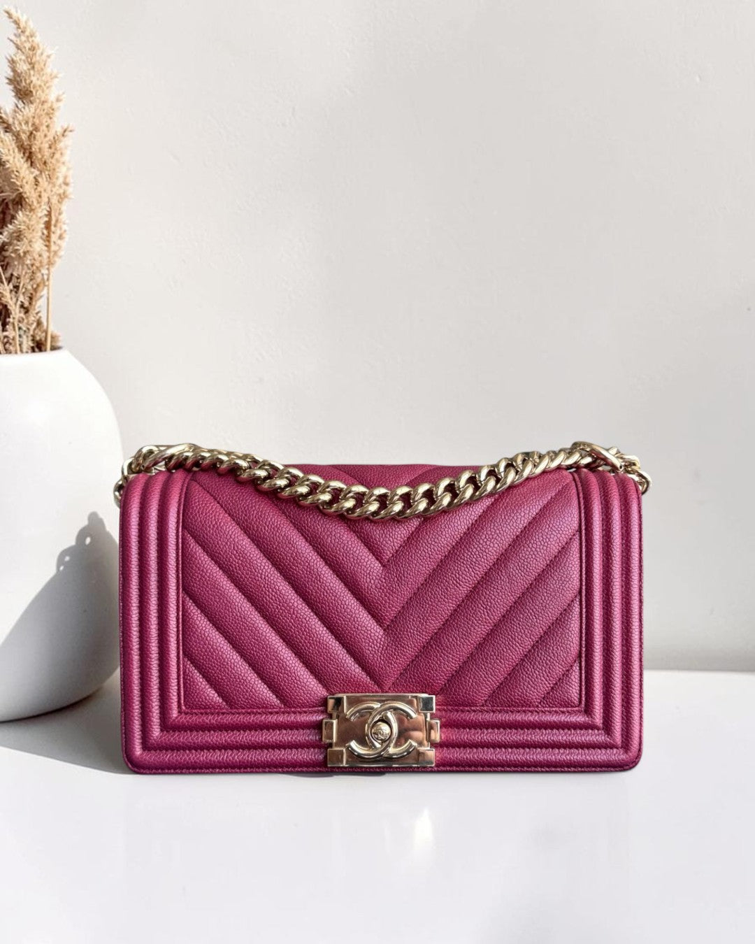 Chanel Boy Medium - Caviar 25CM Chevron Burgundy Gold Hardware Series 28