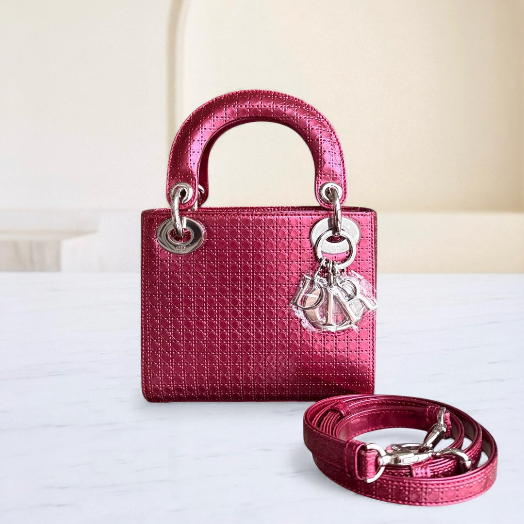 Dior Lady Mini - Calfskin Micro-Cannage Metallic Pink Silver Hardware Adjustable Strap