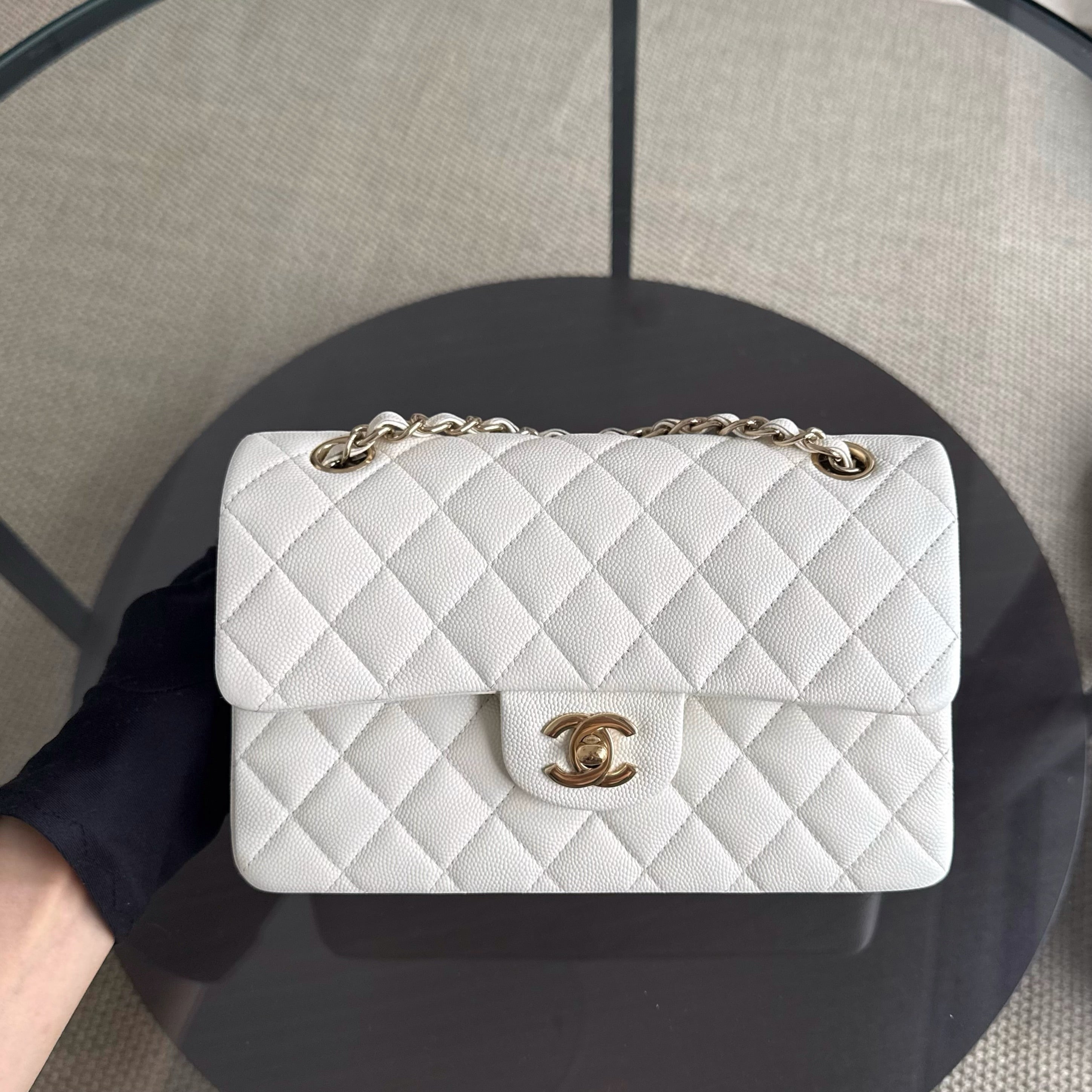 Chanel Classic Flap Small - Caviar 23CM Quilted White Light Gold Hardware Microchip