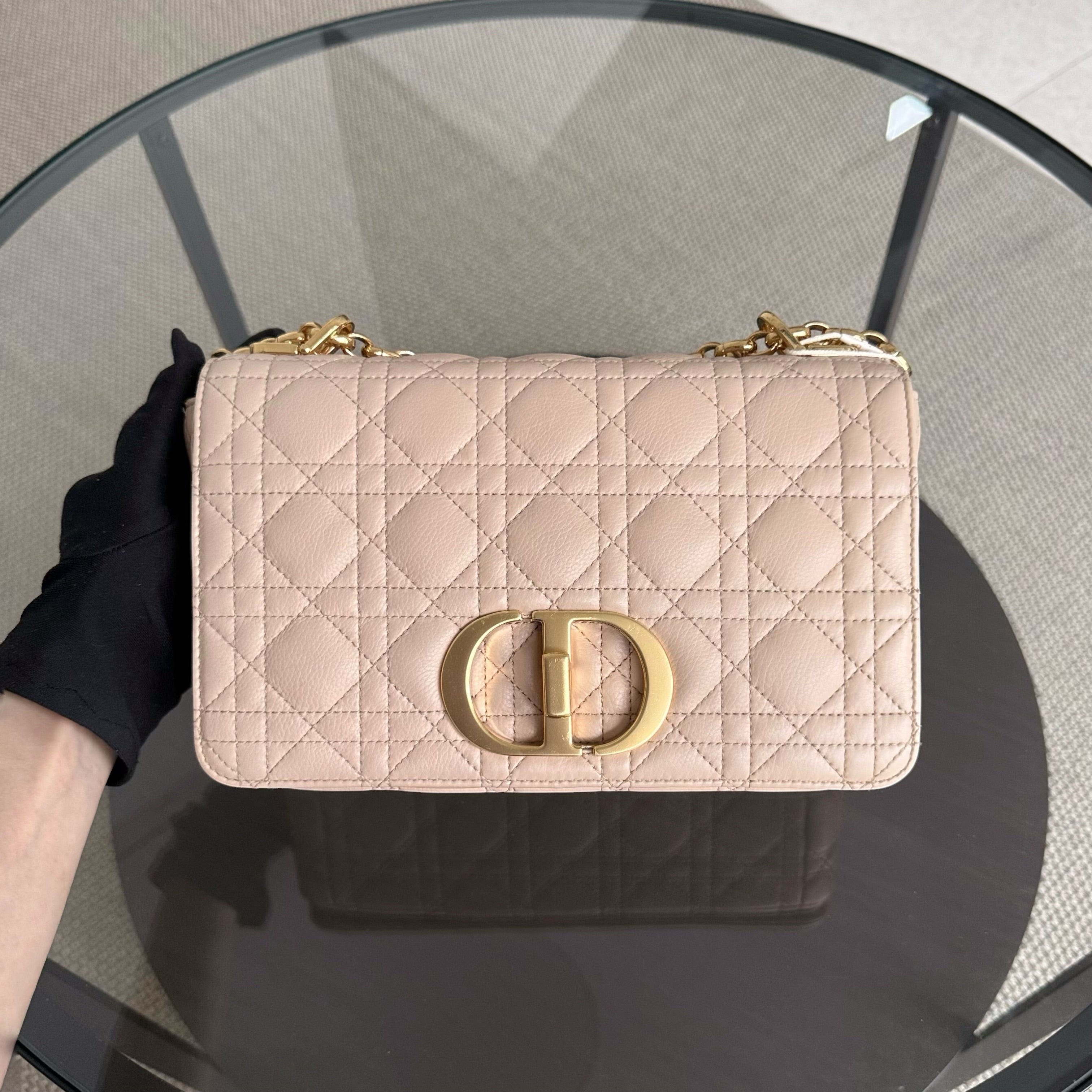 Dior Caro Medium - Cannage Grained Calfskin Beige Gold Hardware