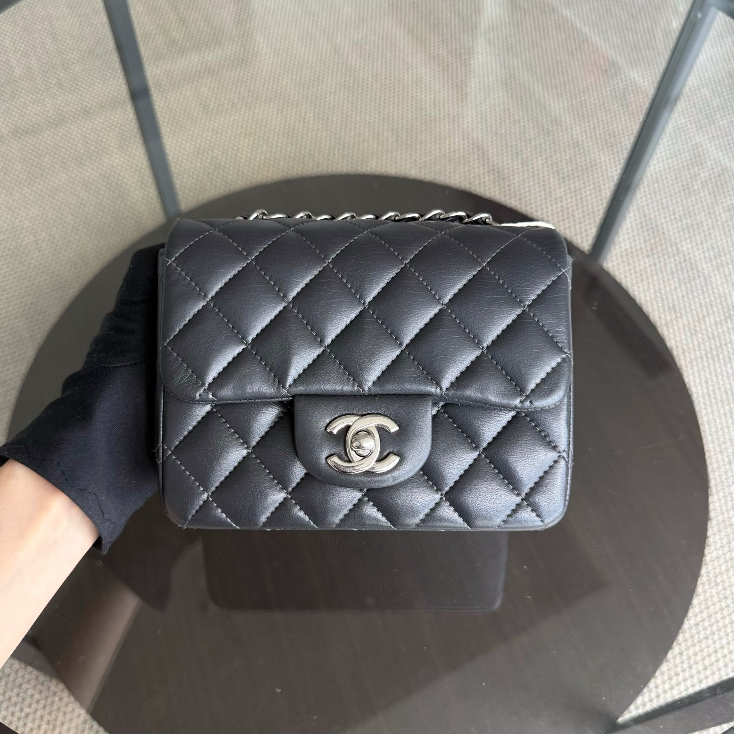 Chanel Classic Flap Mini Square - 17CM Quilted Lambskin Dark Gray Grey Gold Hardware Series 16