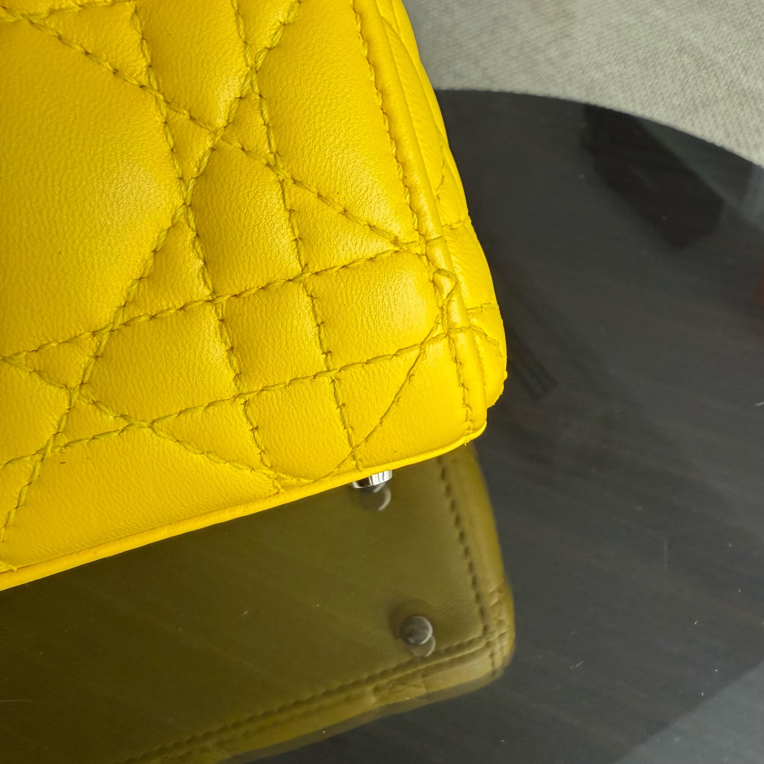 Dior Lady Mini - Cannage Lambskin Yellow Silver Hardware Adjustable Strap