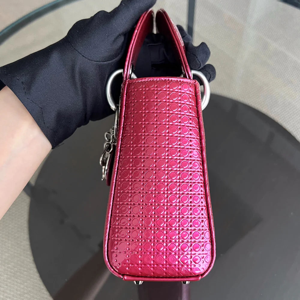 Dior Lady Mini - Calfskin Micro-Cannage Metallic Pink Silver Hardware Adjustable Strap