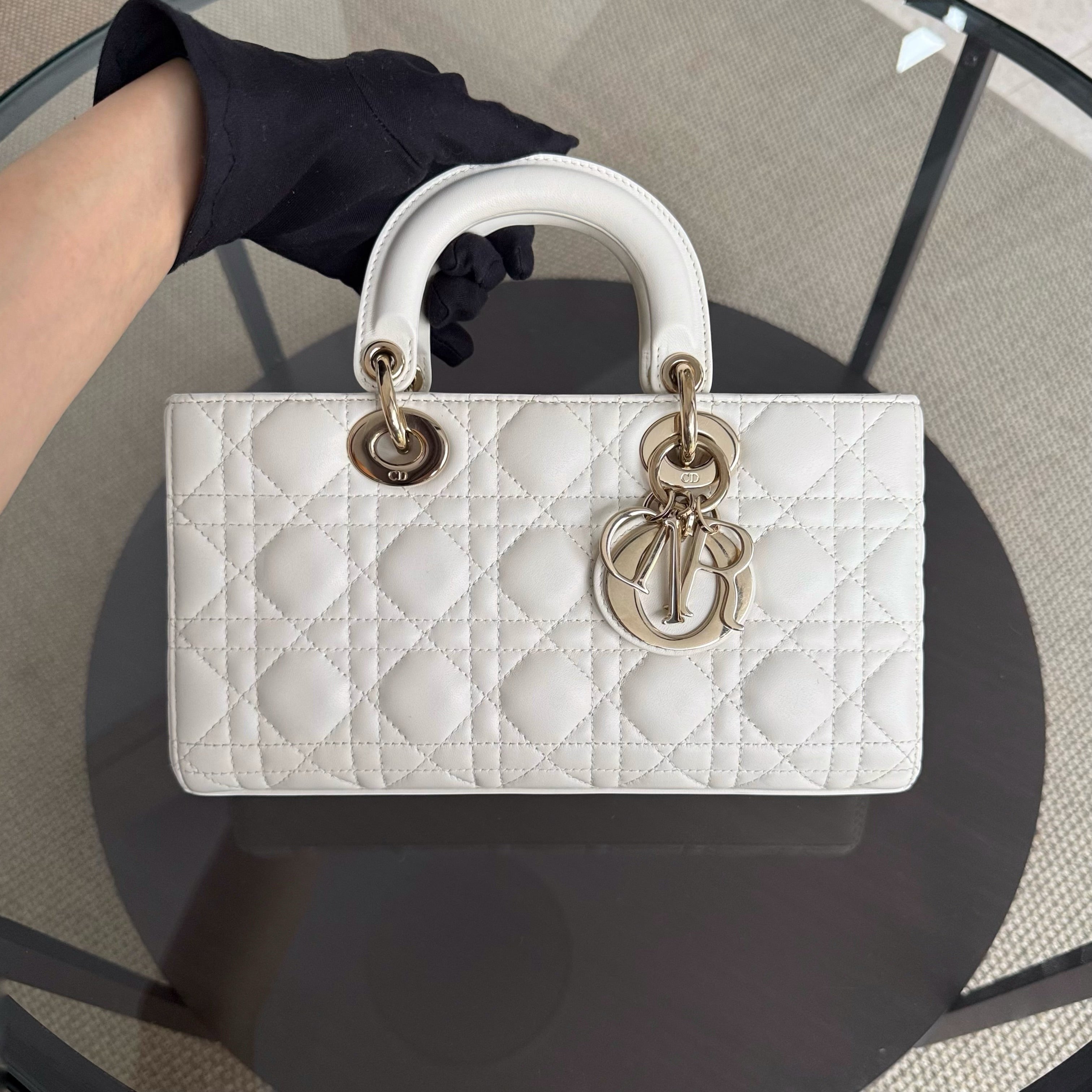 Dior D-Joy Medium - Cannage Lambskin White Gold Hardware