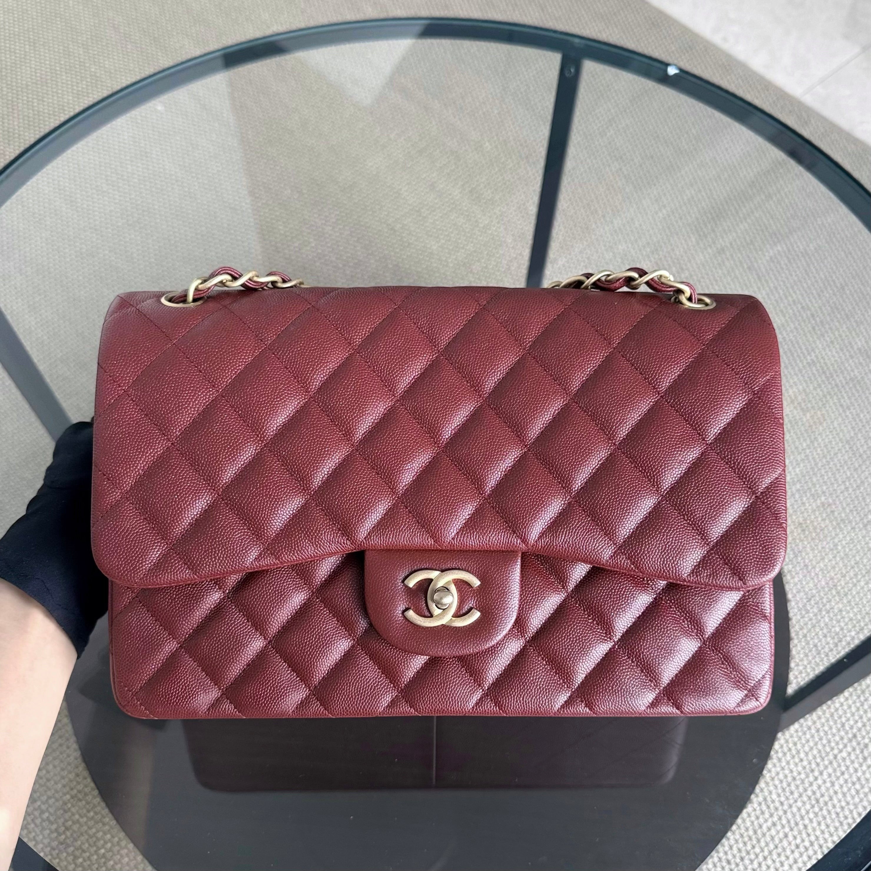 Chanel Classic Flap Jumbo - Caviar 30CM Double Flap Quilted Burgundy Gold Hardware series 25