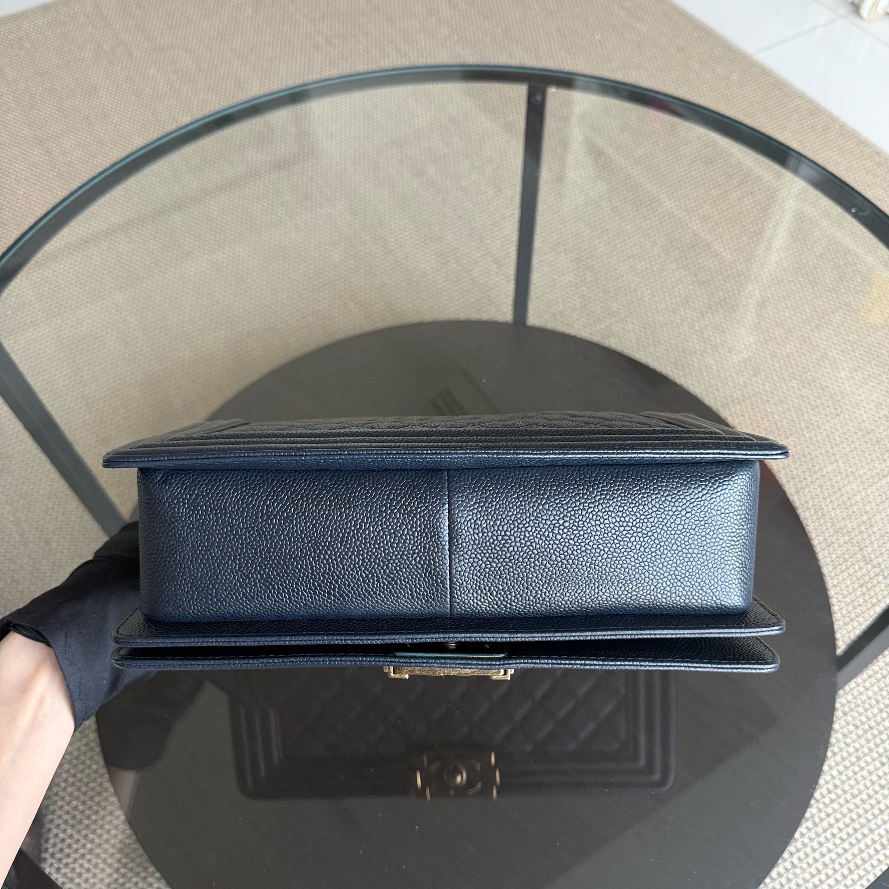 Chanel Boy New Medium - 28CM Caviar Quilted Grained Calfskin Dark Navy Blue Ruthenium Gold Hardware Series 19