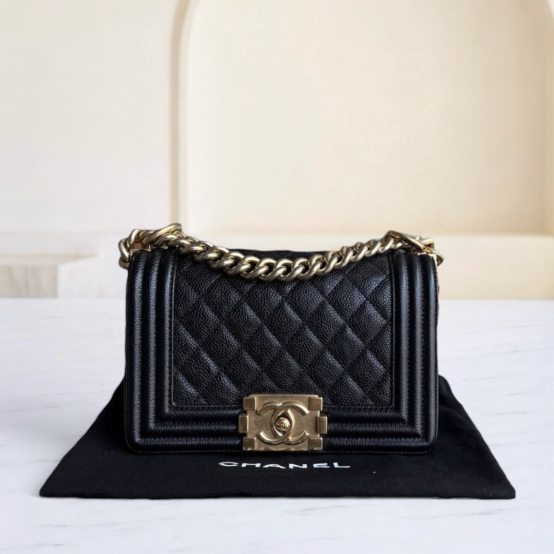 Chanel Boy Small - Caviar 20CM Quilted Black Gold Hardware Series 23