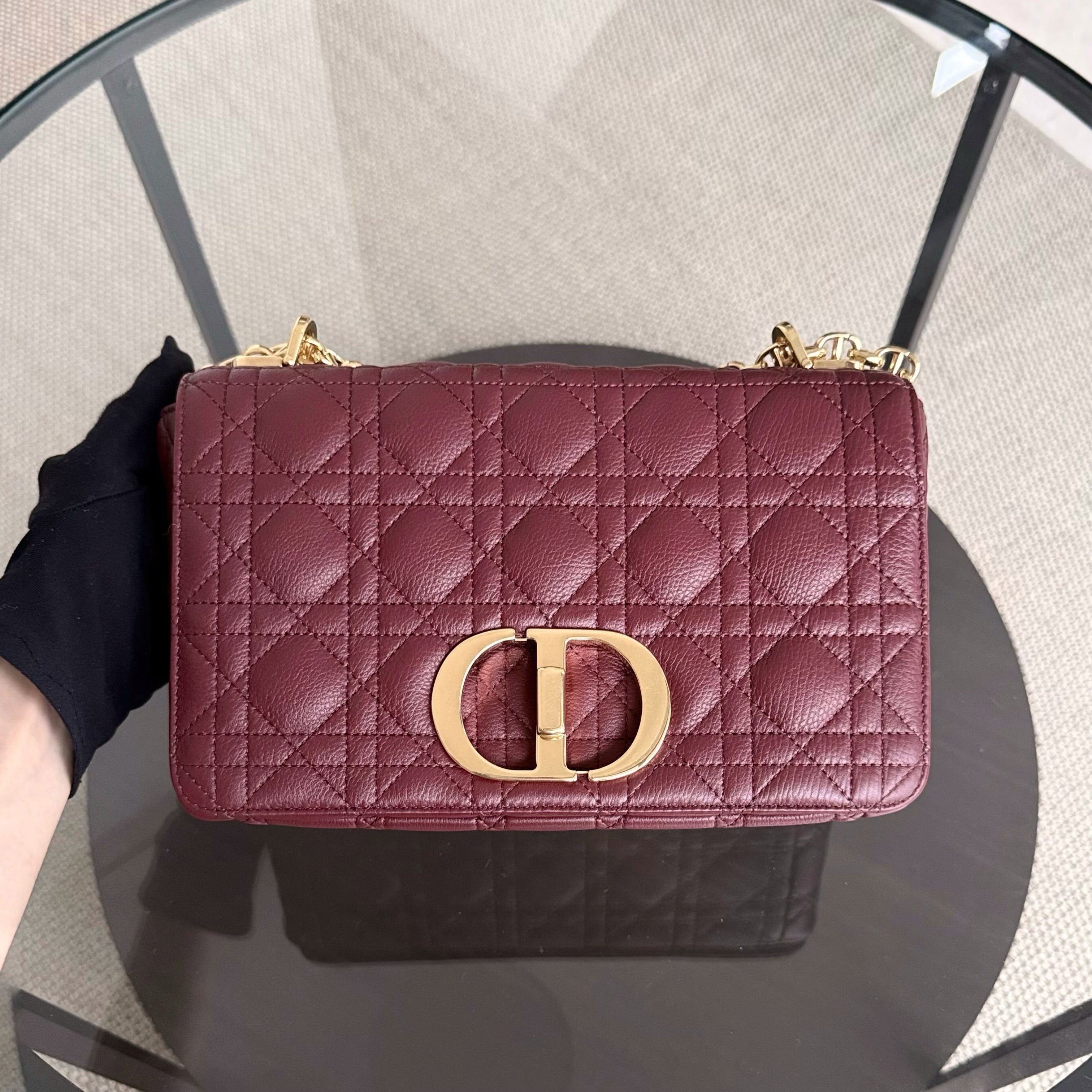 Dior Caro Medium - Cannage Grained Calfskin Burgundy Gold Hardware