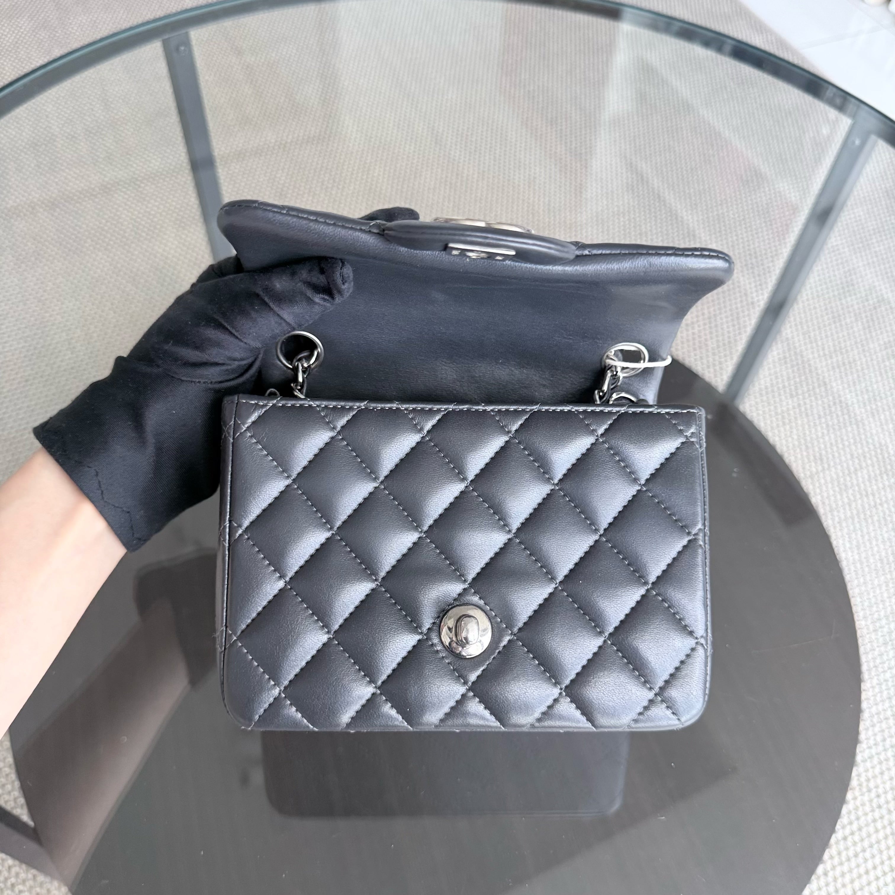 Chanel Classic Flap Mini Square - 17CM Quilted Lambskin Dark Gray Grey Gold Hardware Series 16