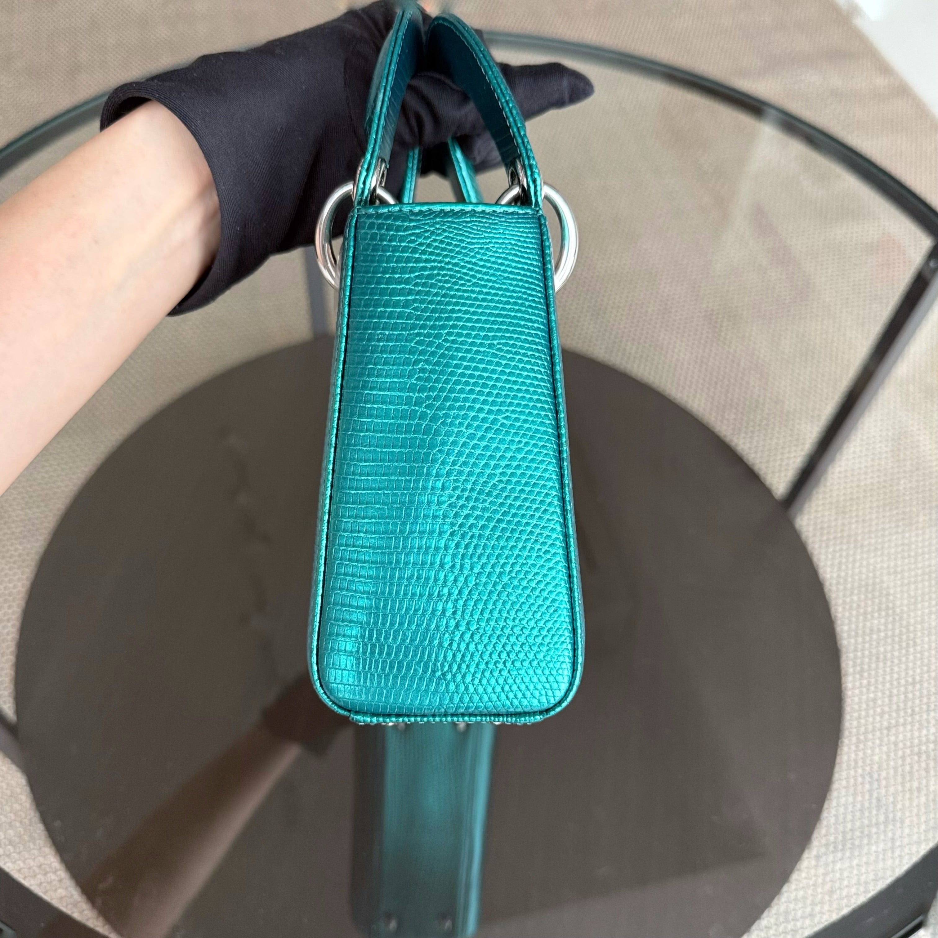 Dior Lady Mini - Exotic Lizard Green color Silver Hardware