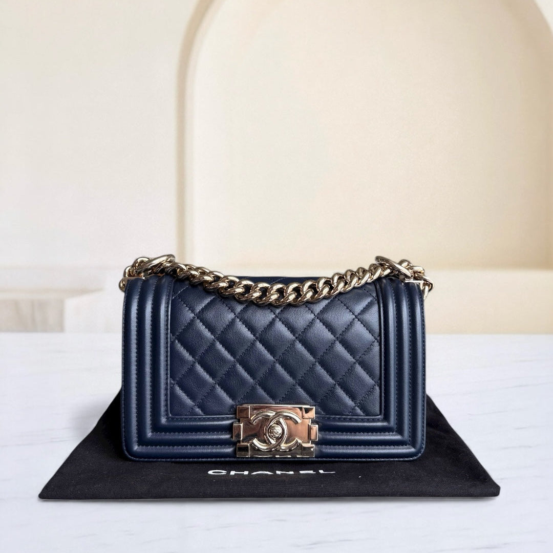 Chanel Boy Small - Calfskin 20CM Quilted Dark Blue Gold Hardware Series 25