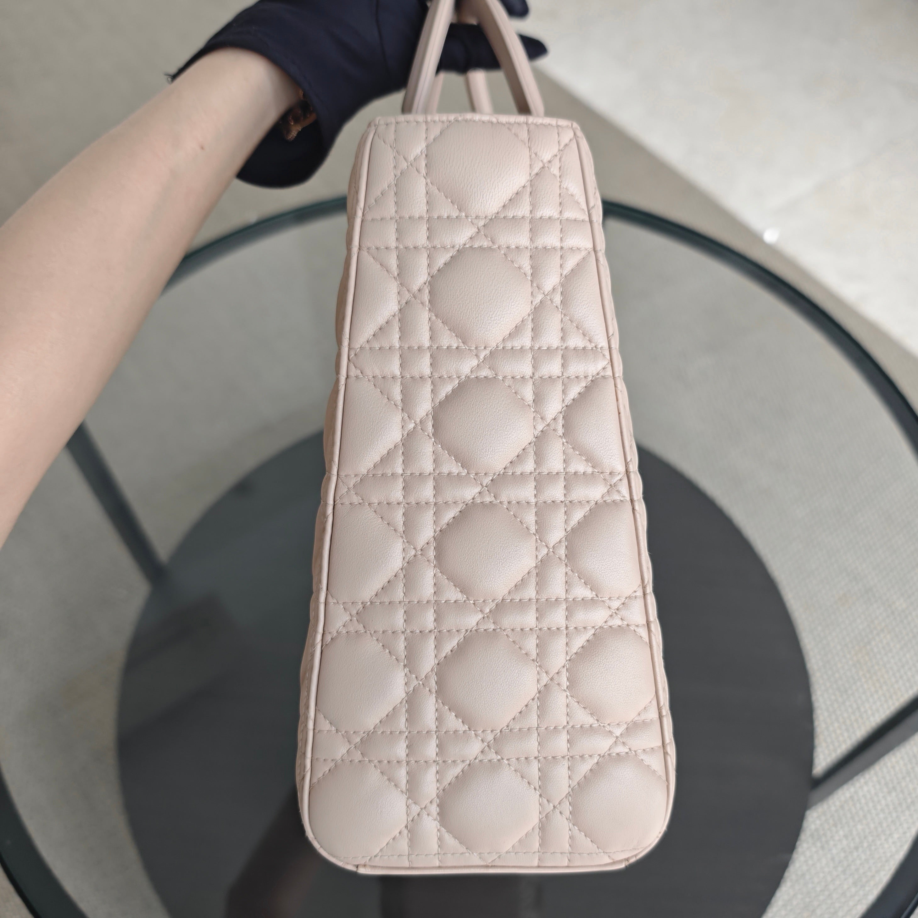 Dior Lady Large - Cannage Lambskin Light Pink Gold Hardware Adjustable Strap