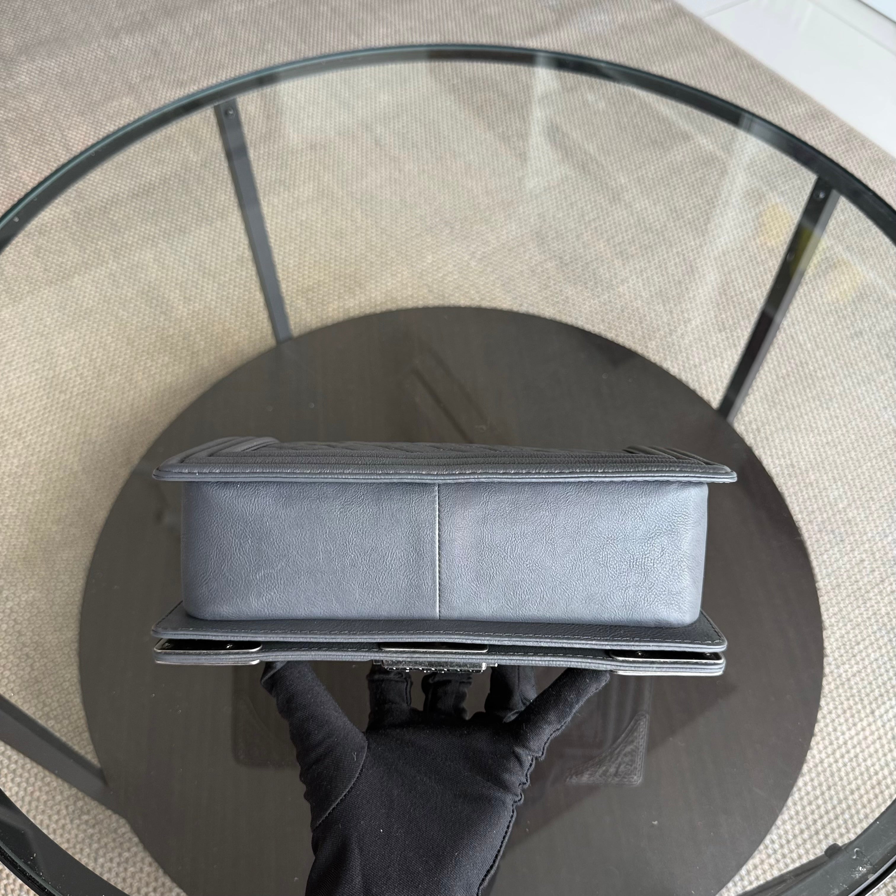 Chanel Boy Medium - 25CM Quilted Limited Edition Paris-Dallas Metal Edge Grained Calfskin Gray Silver Hardware Series 19