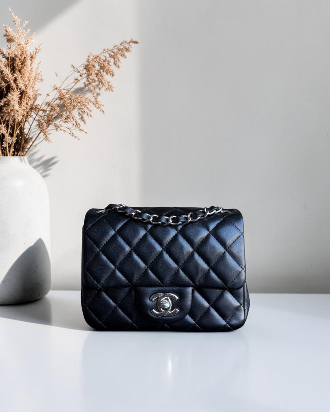 Chanel Classic Flap Mini Square - 17CM Quilted Lambskin Black Silver Hardware Series 26