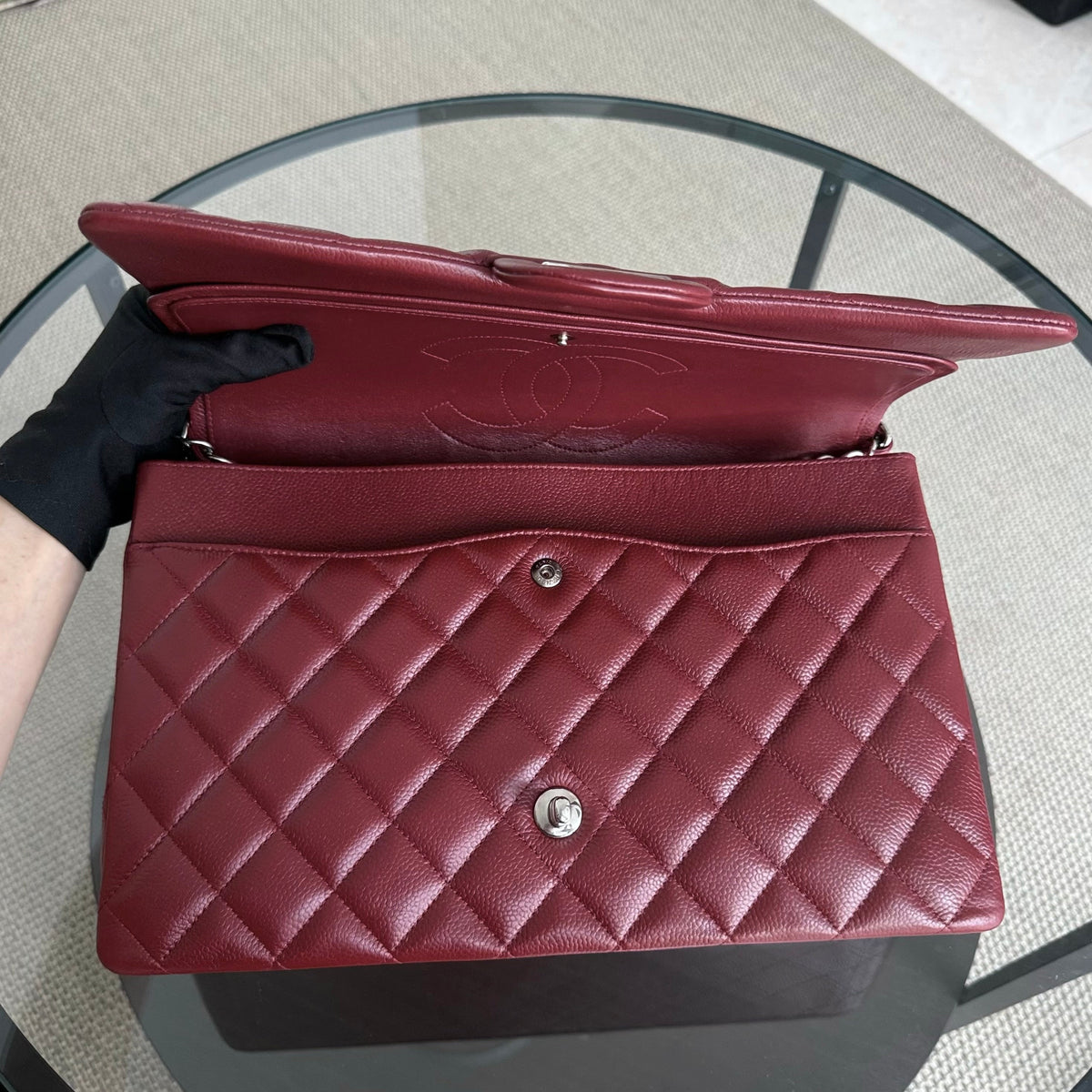 Chanel Classic Flap Maxi - Caviar 33CM Double Flap Burgundy Silver Hardware Series 15