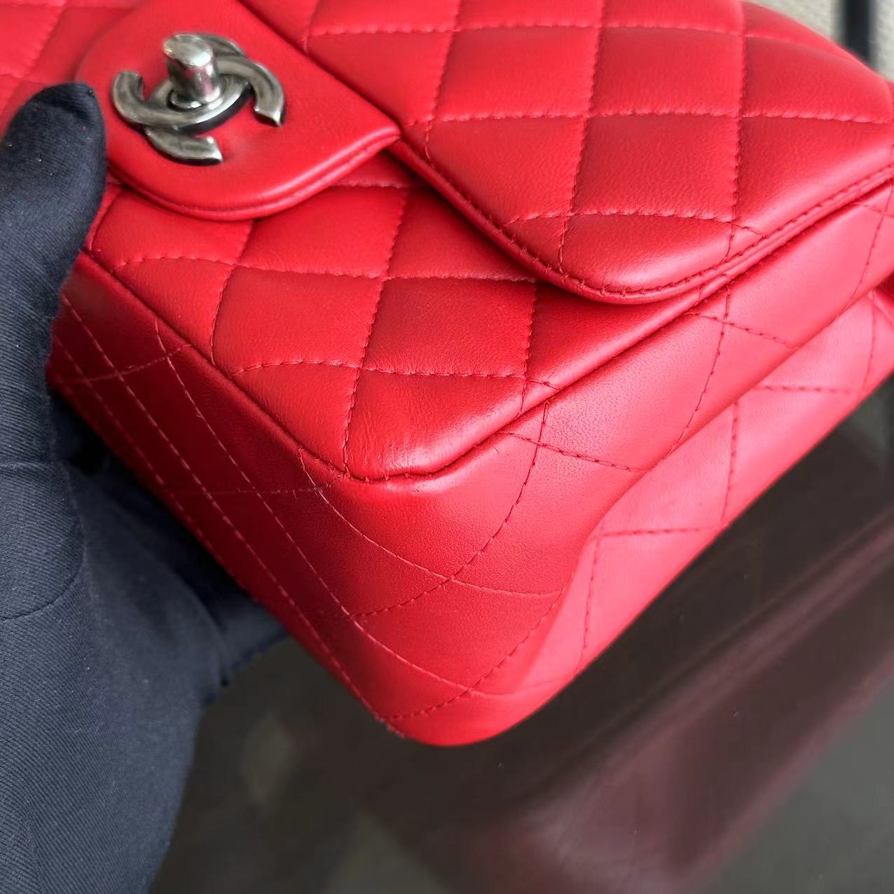 Chanel Mini Square Classic Flap Quilted Lambskin Red RSHW No 20