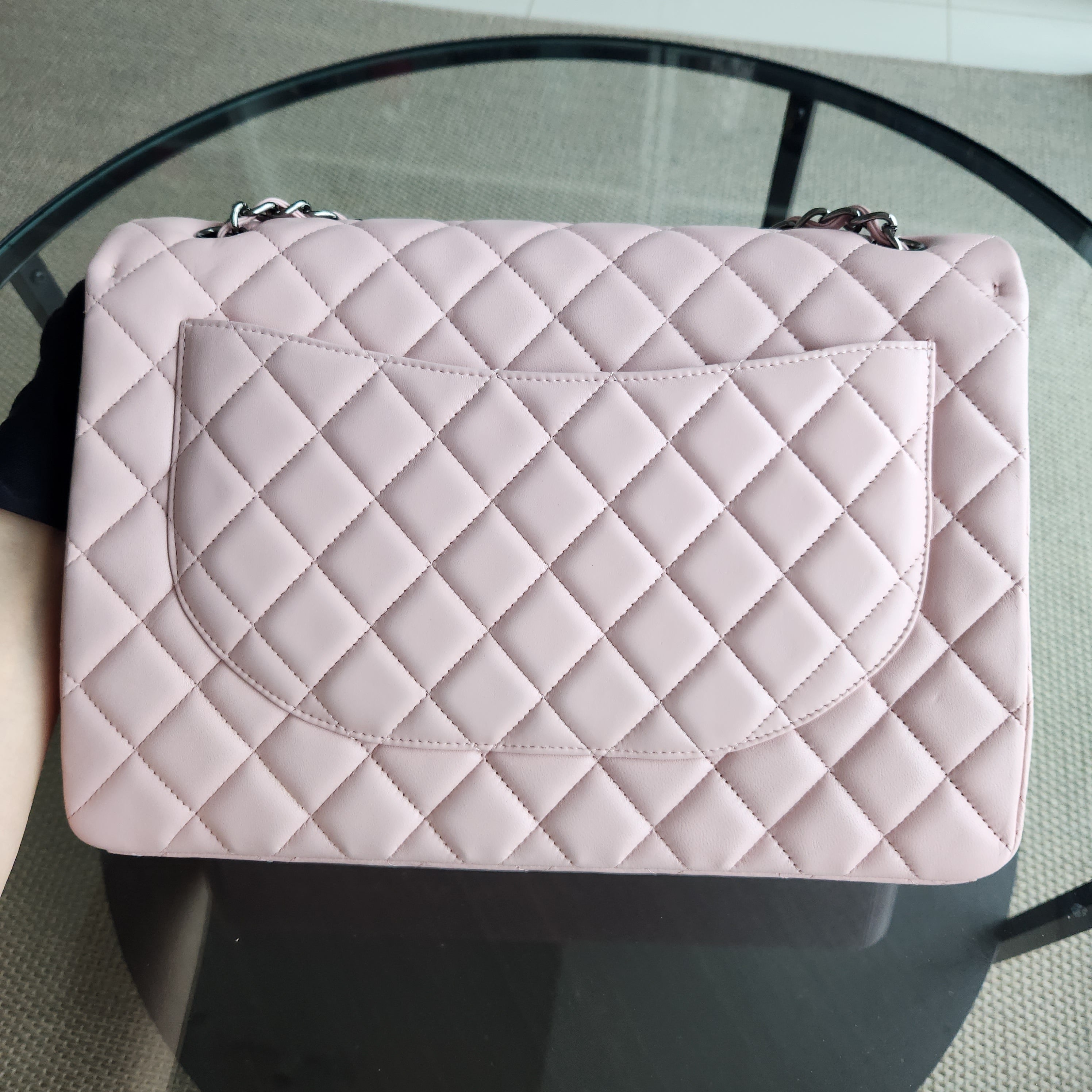 Chanel Classic Flap Maxi - 34CM Quilted Lambskin Single Flap Light Pink Silver Hardware Series 13