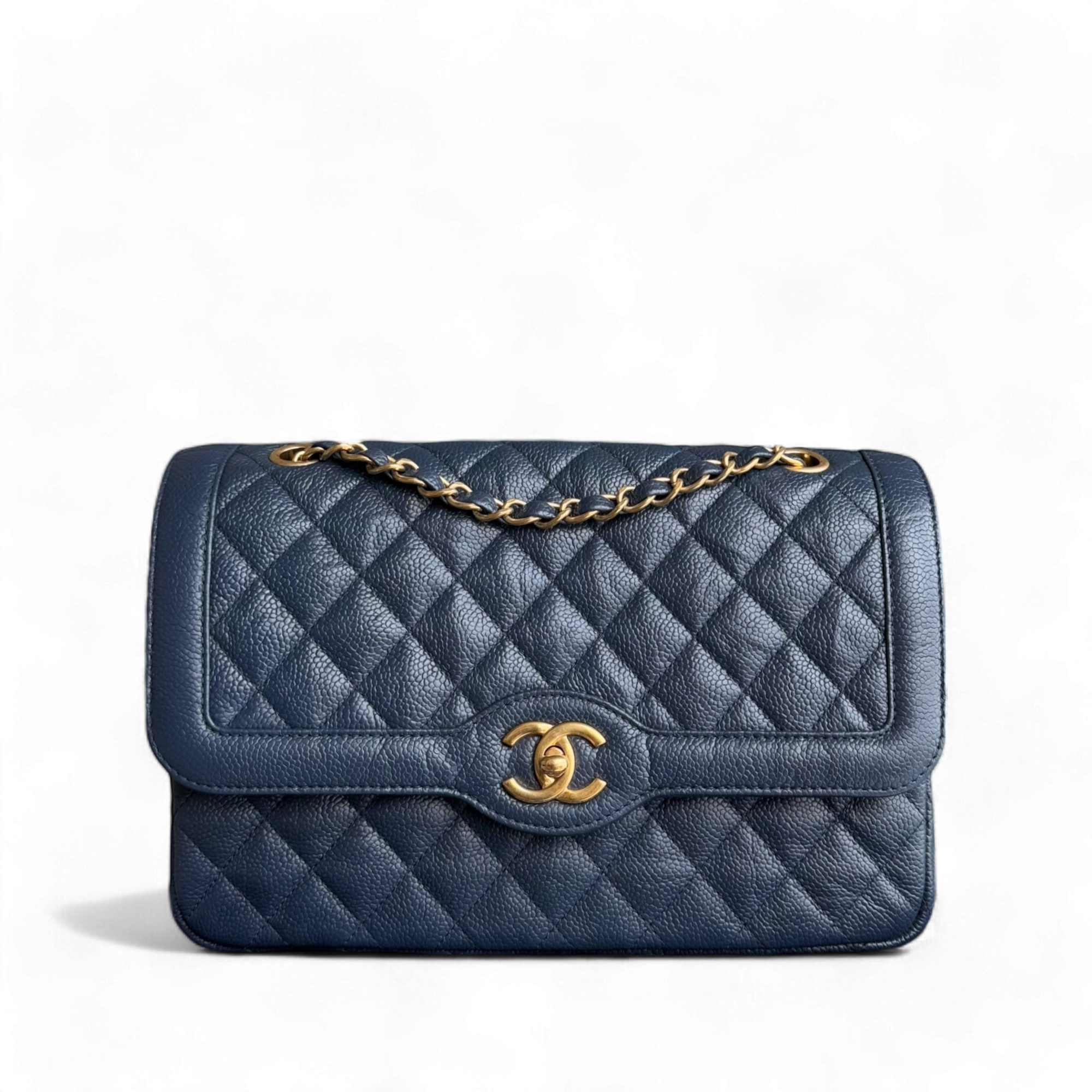 Chanel Two Tone Flap - Medium Crumpled Grained Calfskin Navy Blue Gold Series 21