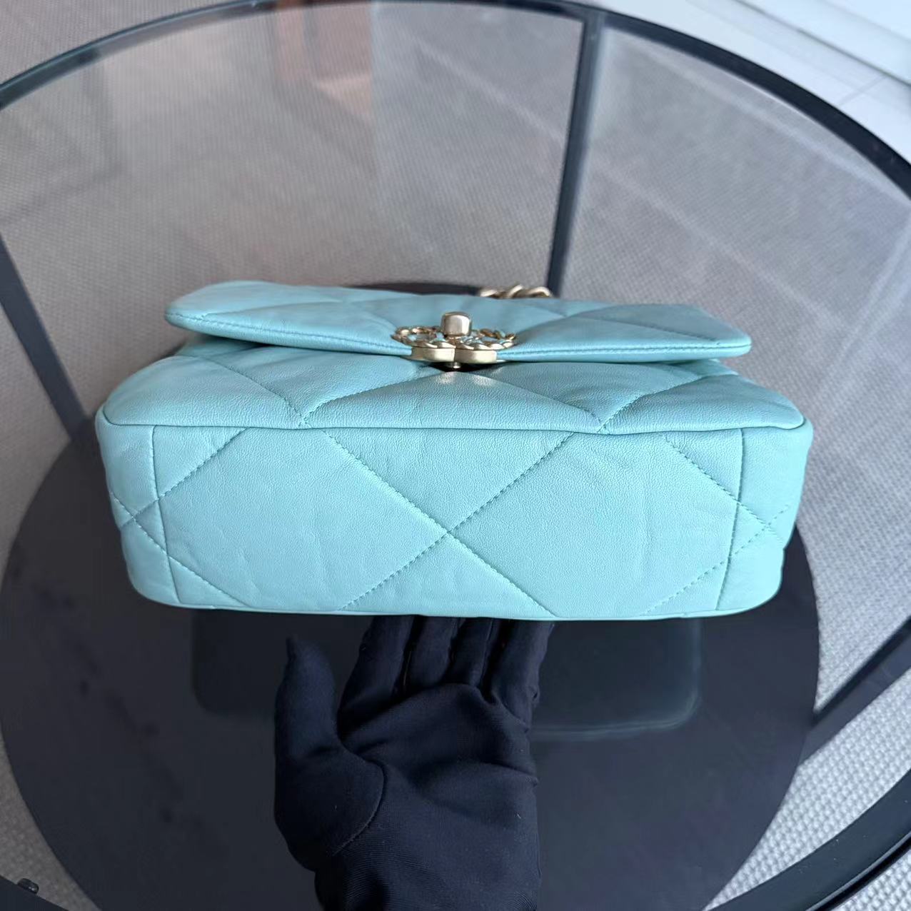 Chanel Small 19 Bag C19 Quilted Goatskin Tiffany Blue Two Tone Golden Hardware Sereis 29