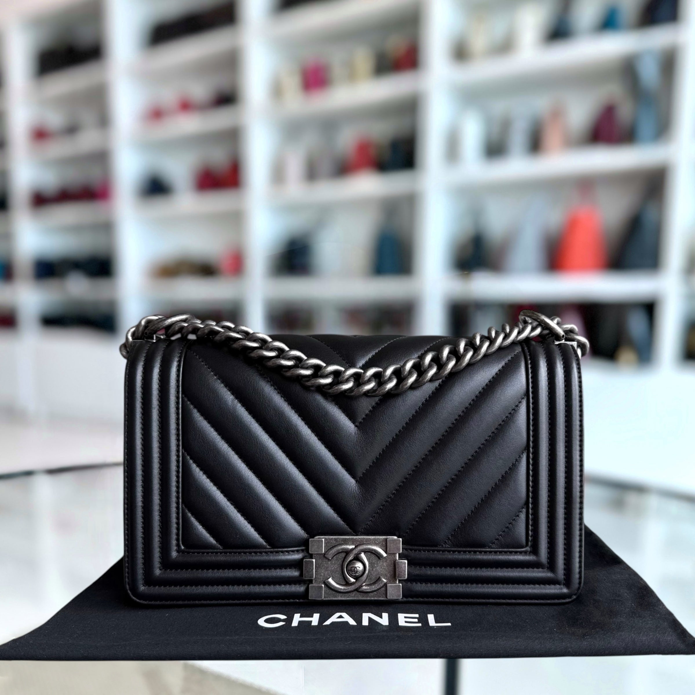 Chanel Boy Medium - 25CM Chevron Calfskin Black Ruthenium Silver Hardware Series 26