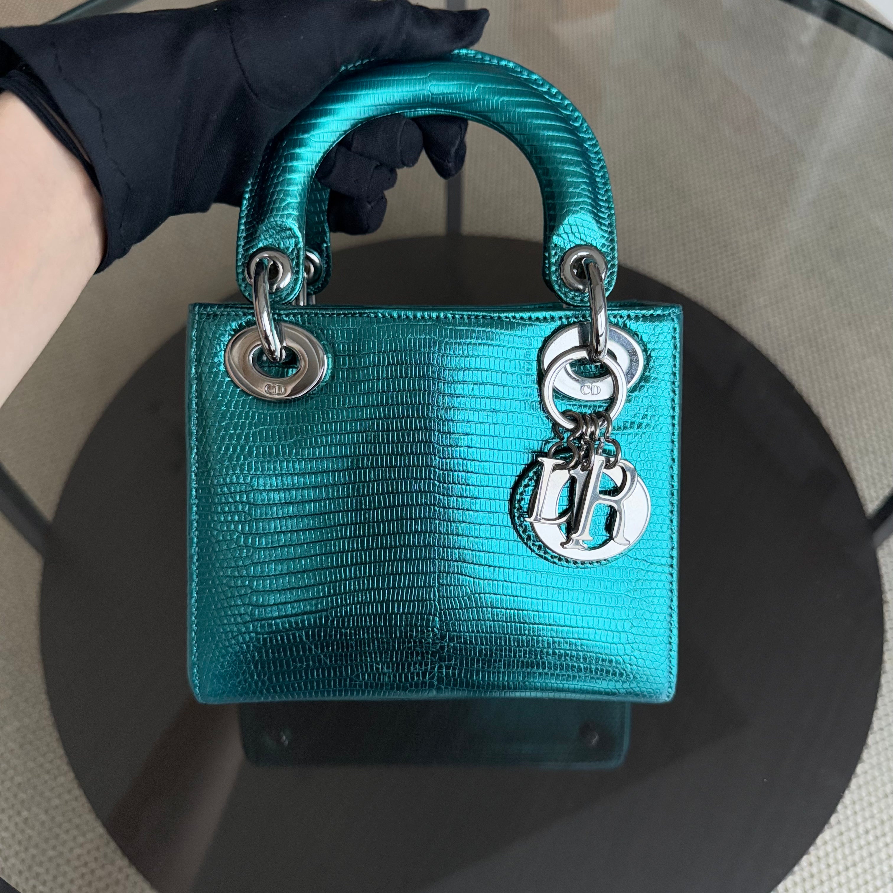 Dior Lady Mini - Exotic Lizard Skin Metallic Blue Green Silver Hardware Leather Strap